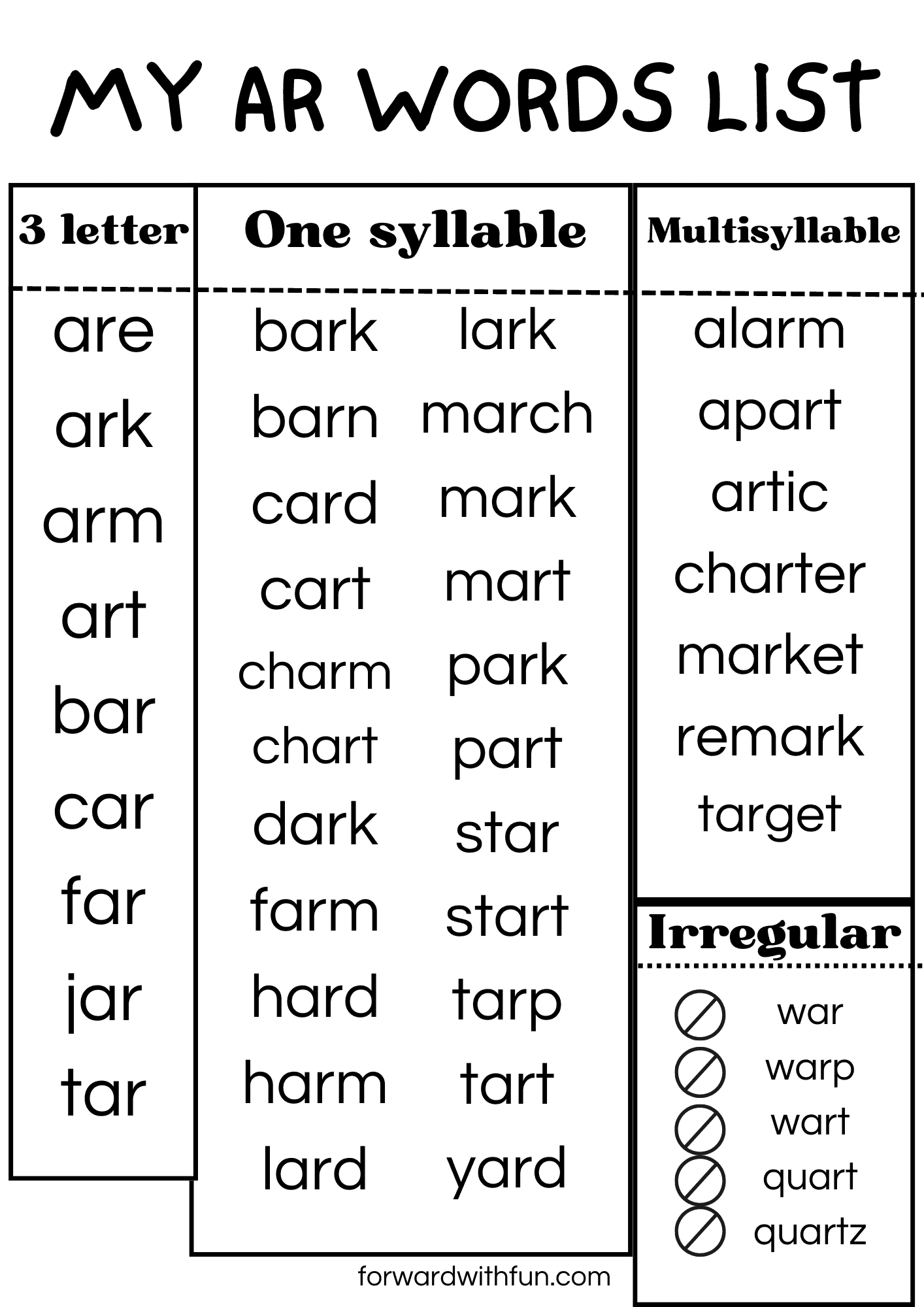 Free AR Word List And More Forward With Fun