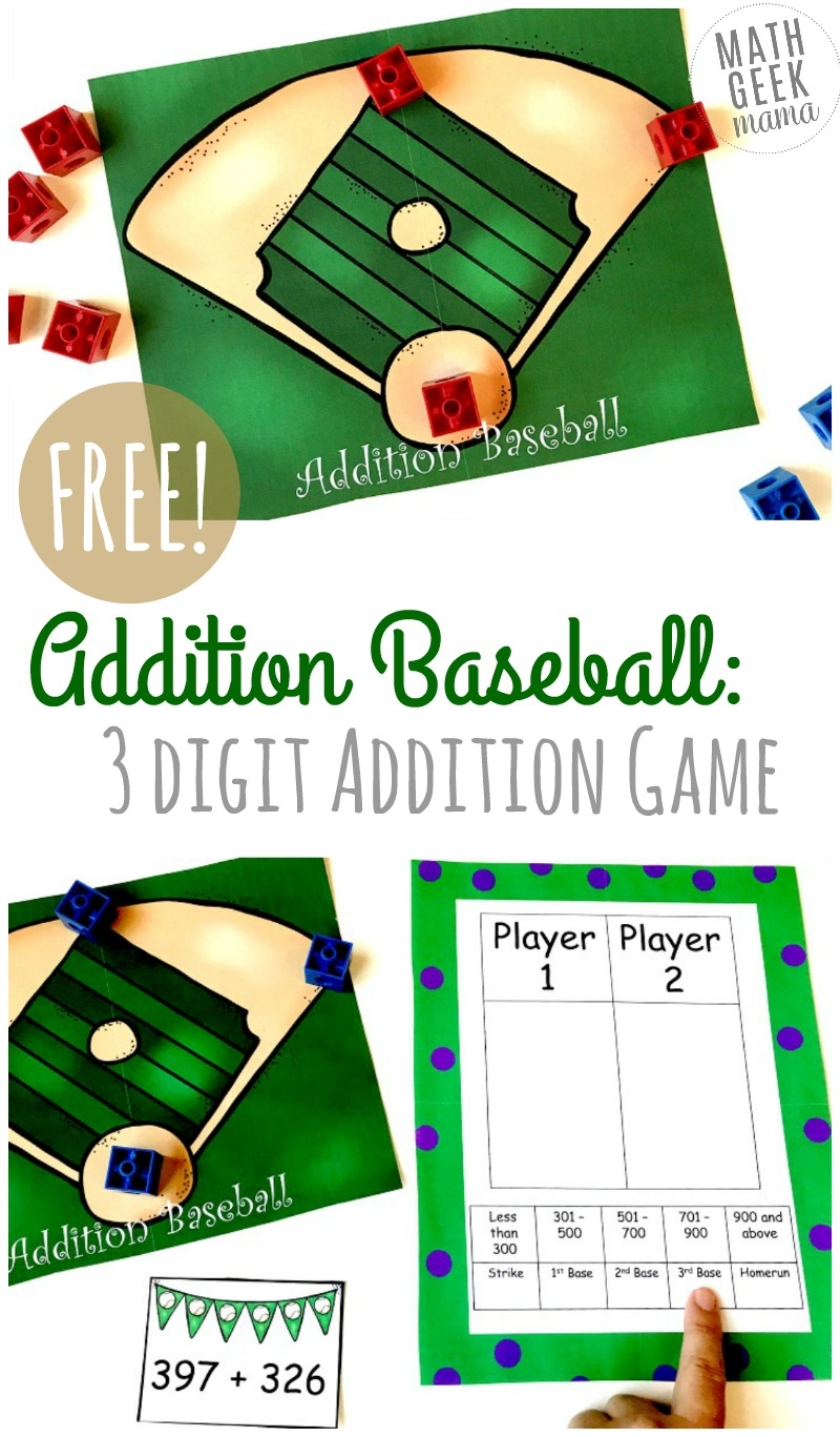 FREE Baseball Addition 3 Digit Addition Game