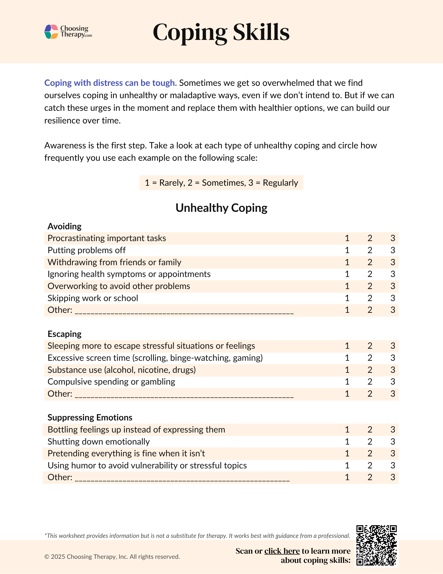 Free Coping Skills Worksheet Printable PDF ChoosingTherapy
