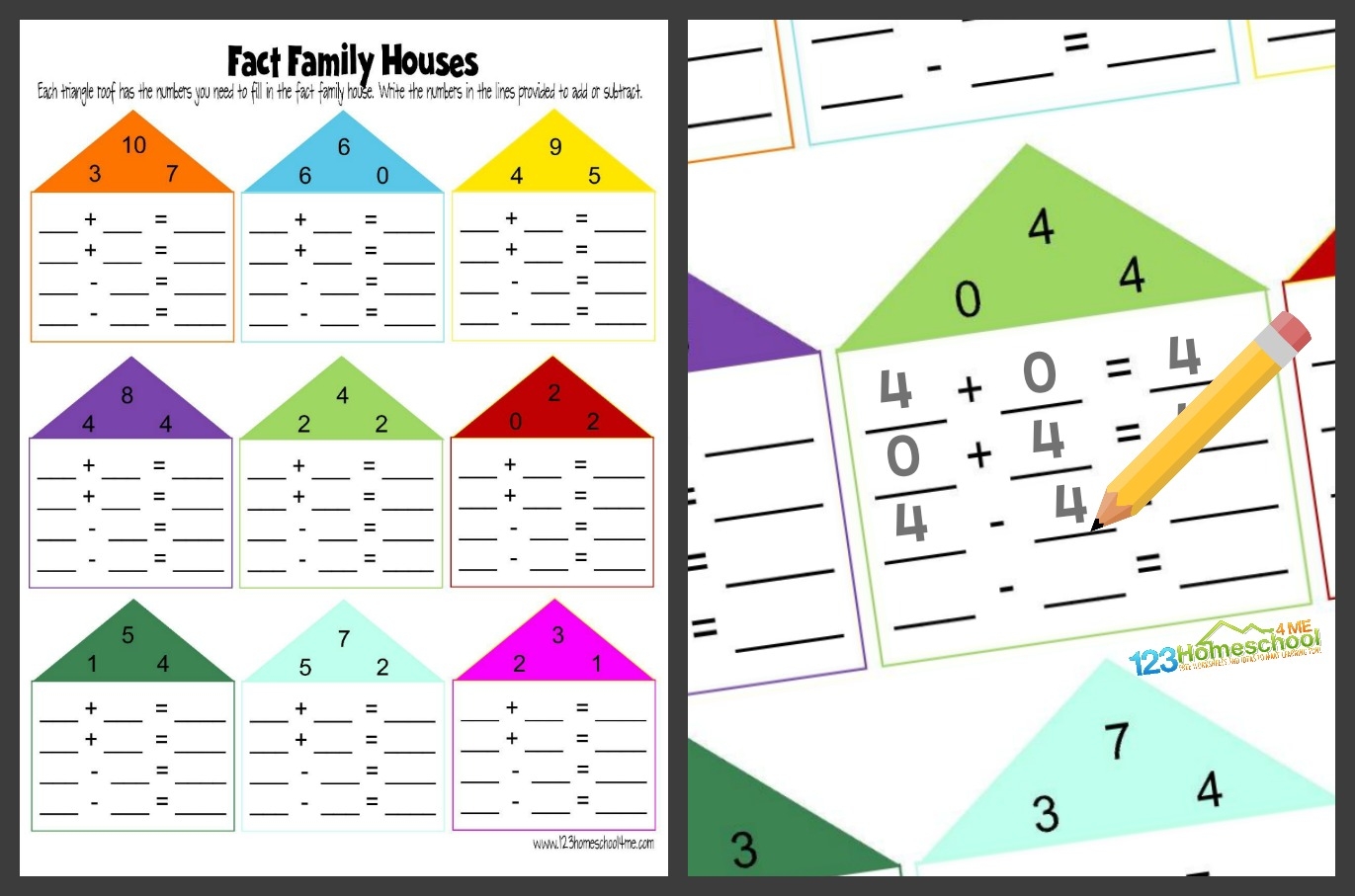 addition subtraction fact families worksheets