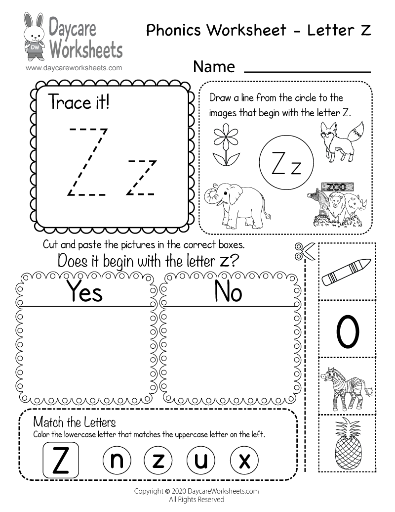Free Letter Z Phonics Worksheet For Preschool Beginning Sounds