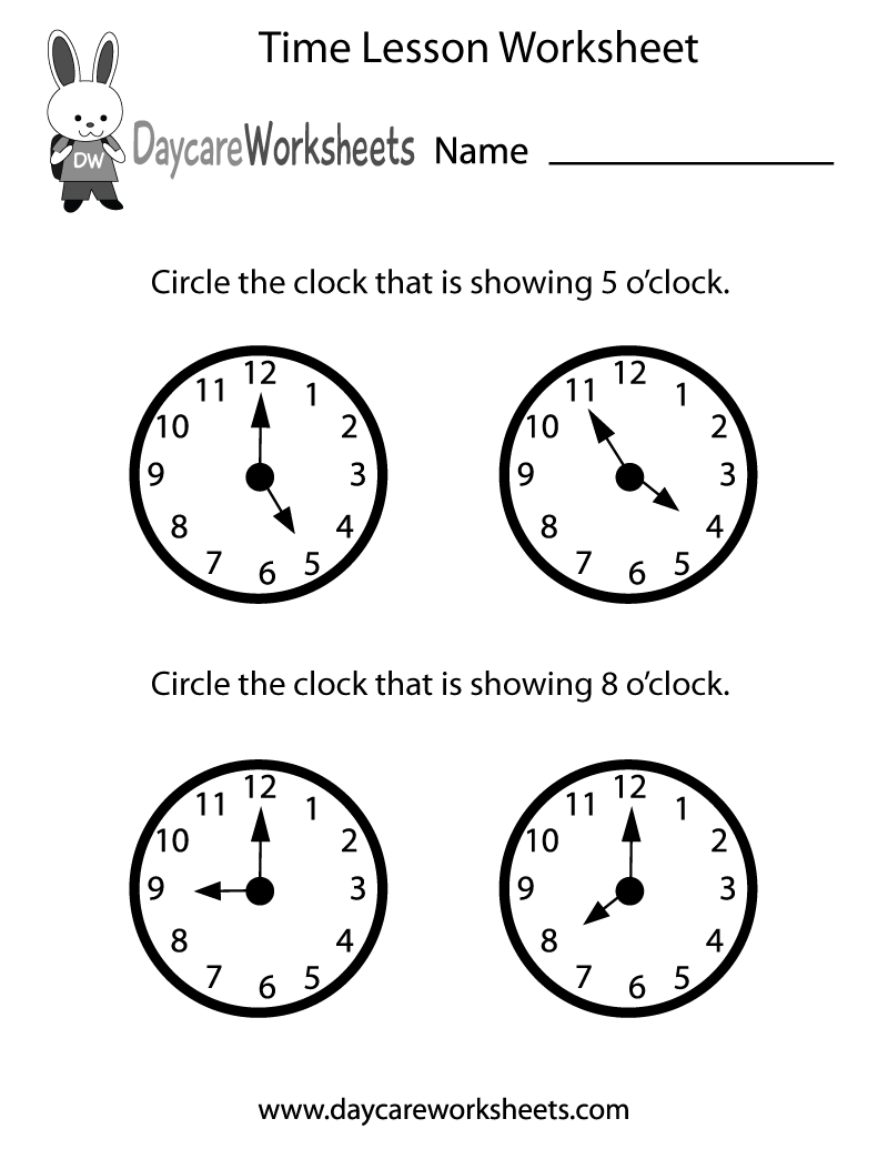 Free Preschool Time Lesson Worksheet