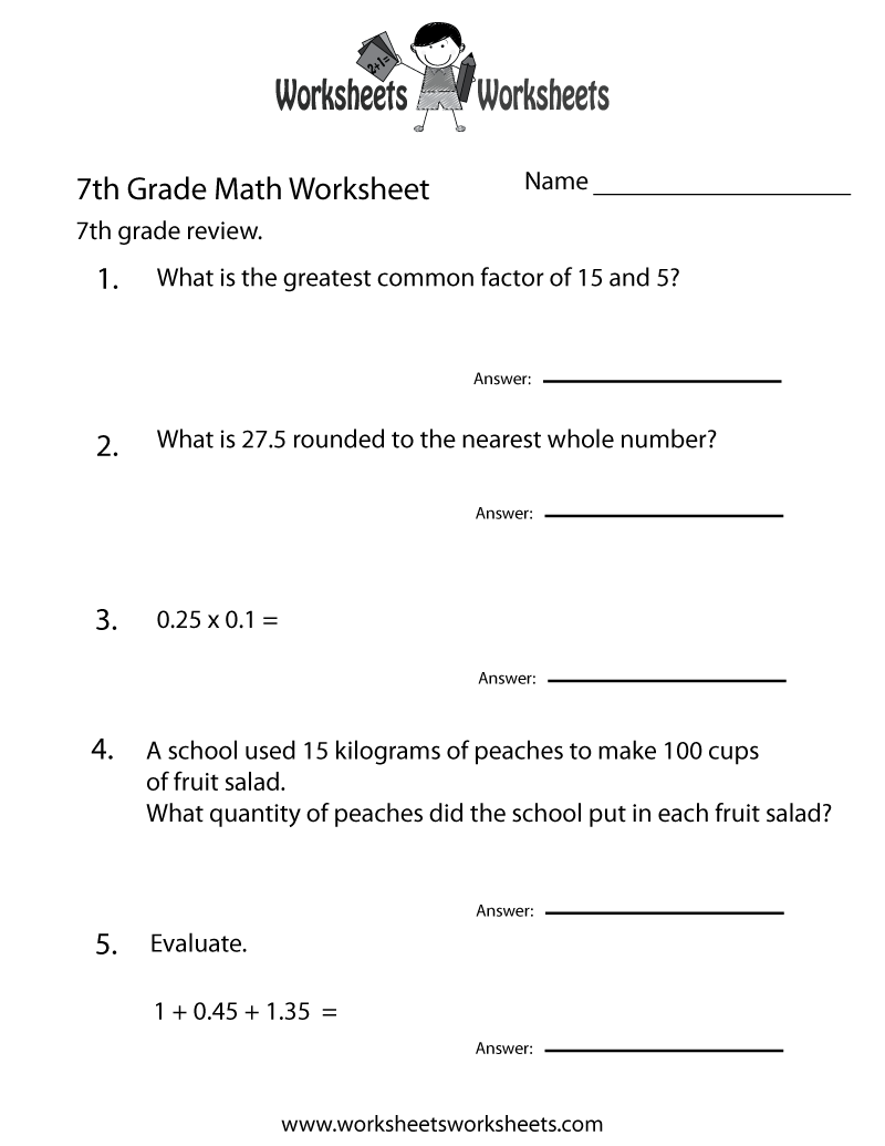 Free Printable 7th Grade Math Review Worksheet