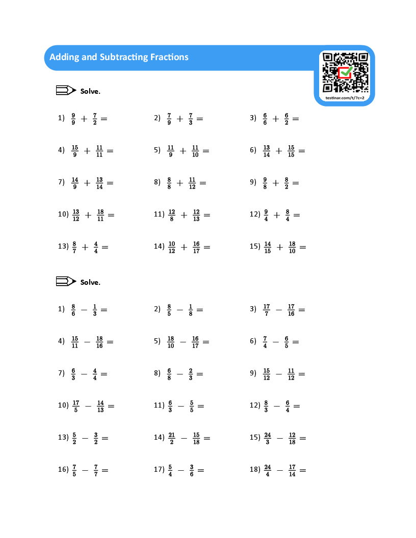 FREE Printable Adding And Subtracting Fractions Worksheets 