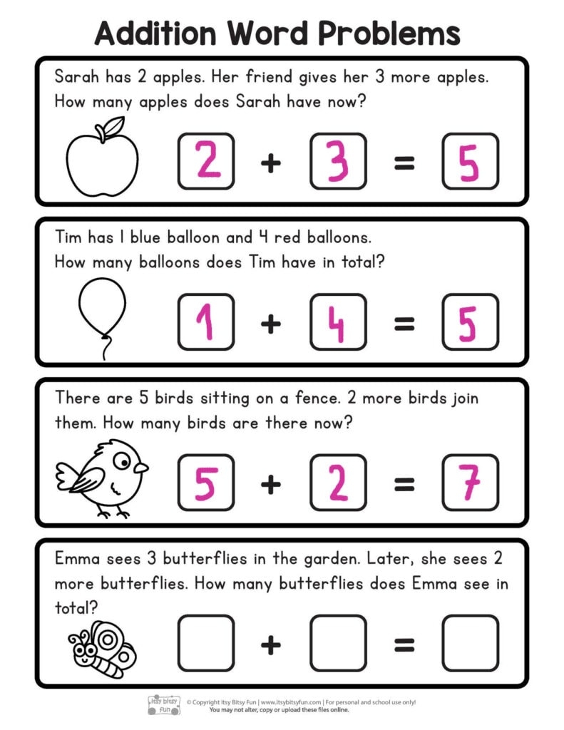 Free Printable Addition Word Problems Worksheets For Kindergarten Itsy Bitsy Fun