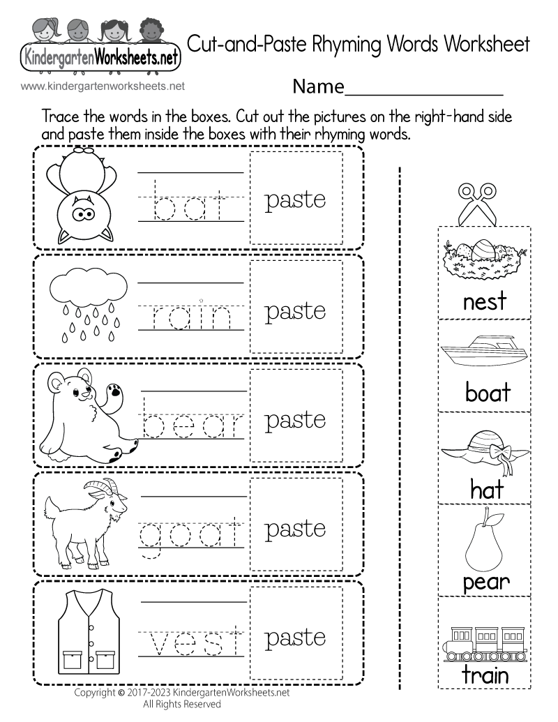 Free Printable Cut and Paste Rhyming Words Worksheet