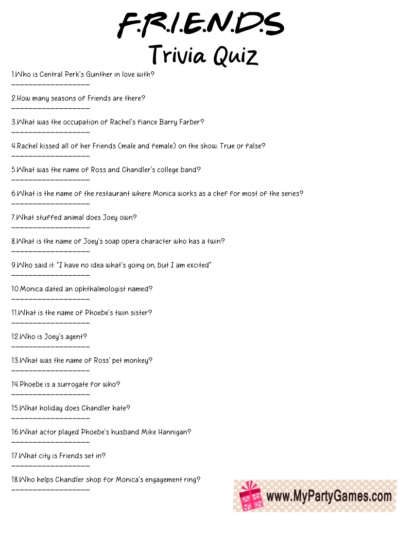 Free Printable Friends TV Show Trivia Quiz With Key