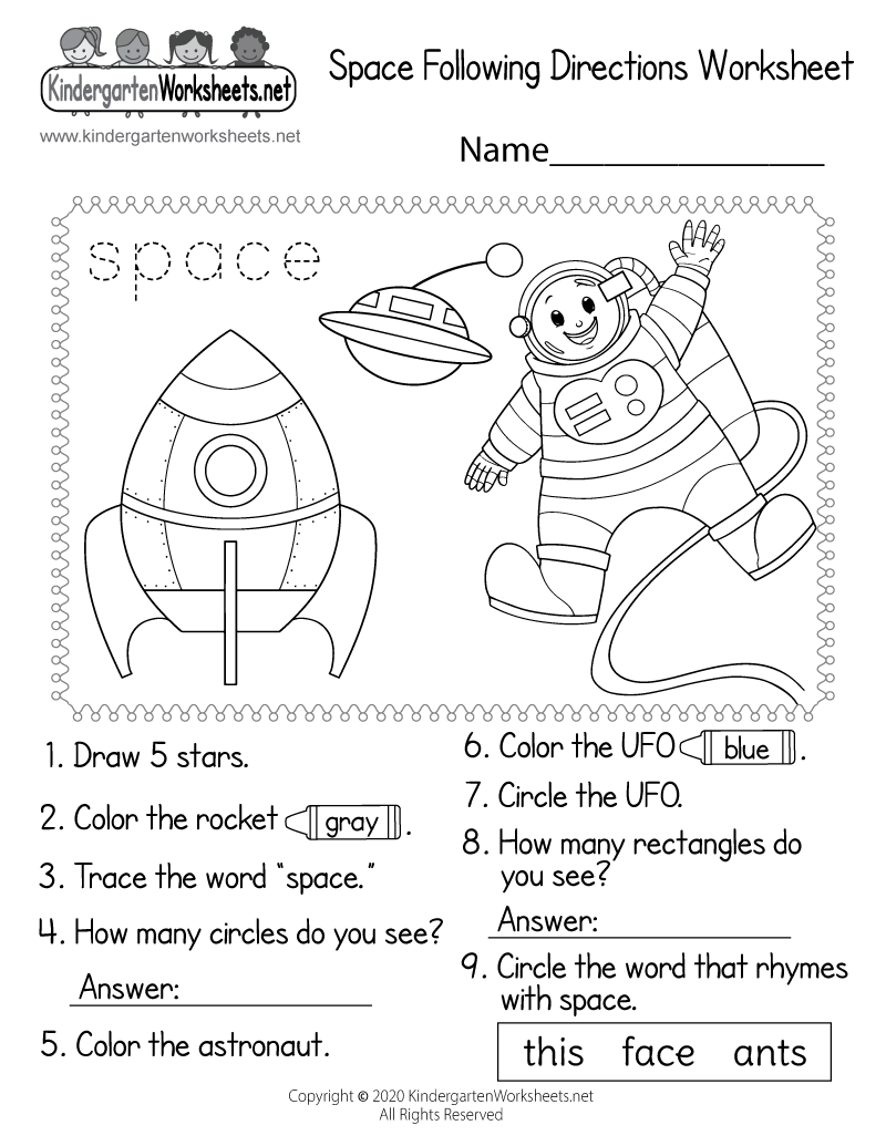 Free Printable Space Following Directions Worksheet