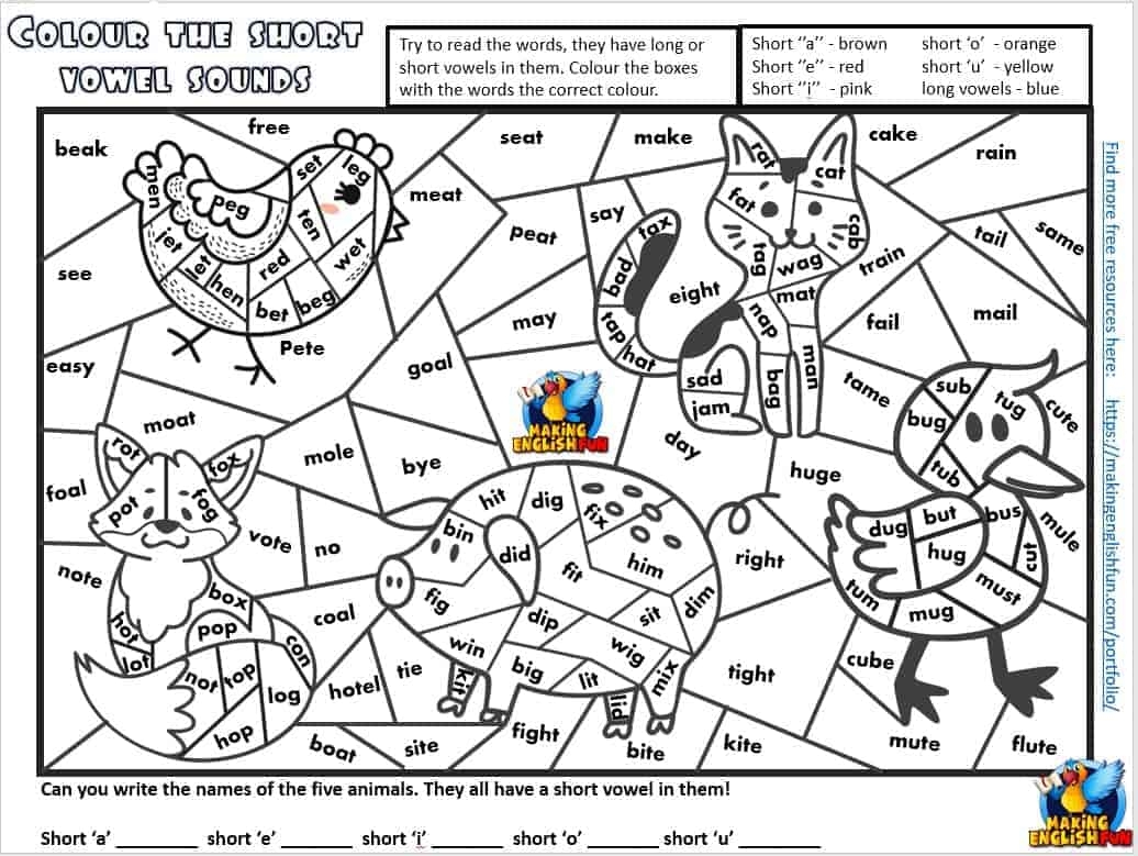 Free Short Vowel Colouring CVC Phonics WorksheetsMaking English Fun