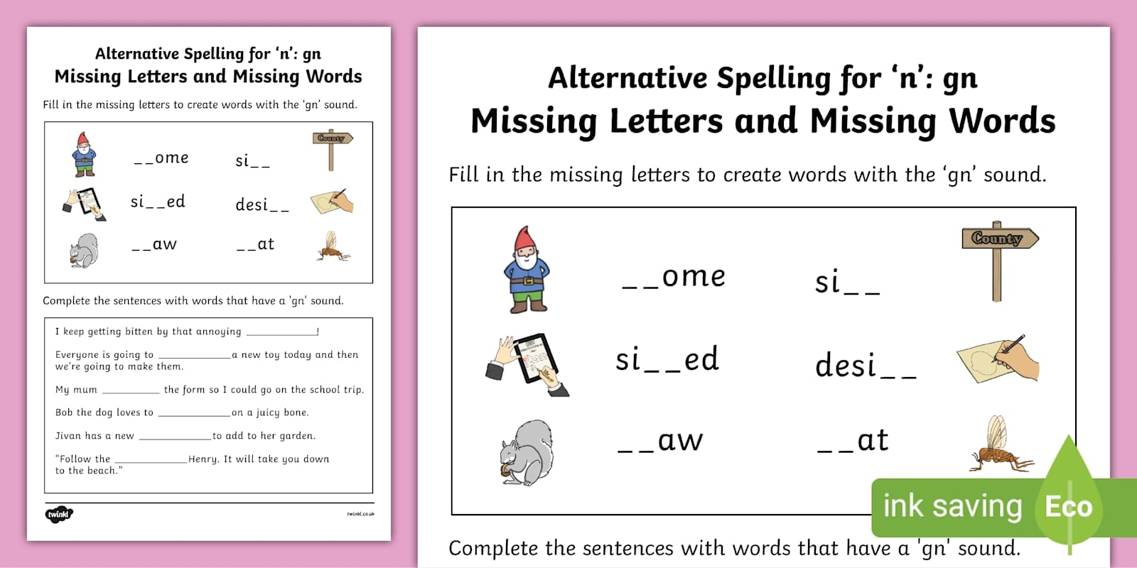 Gn Grapheme Missing Words Phase 5 Alternative Spelling Worksheet