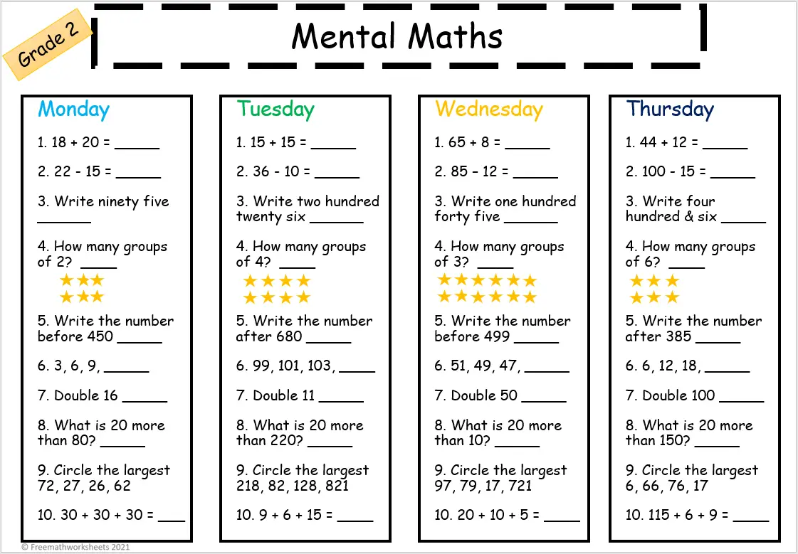 Grade 2 Mental Math Worksheets Free Worksheets Printables