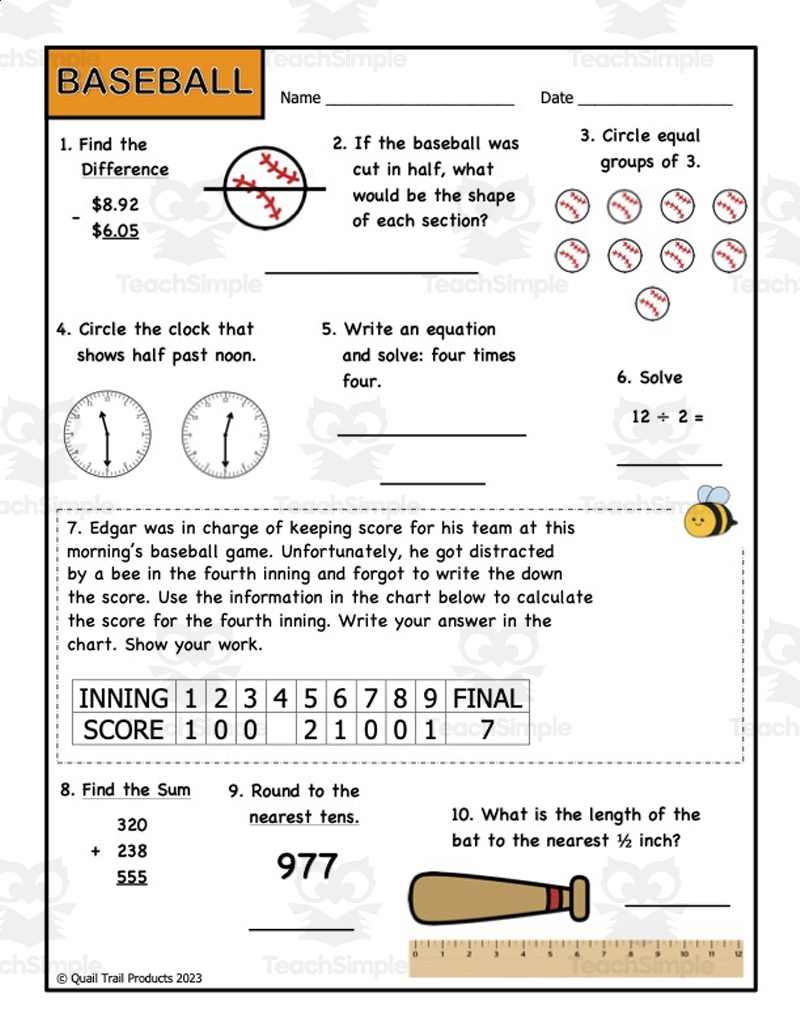 Grade 3 Math Worksheets Sports Theme By Teach Simple Grade 3 Math Worksheets Sports Theme By Teach Simple