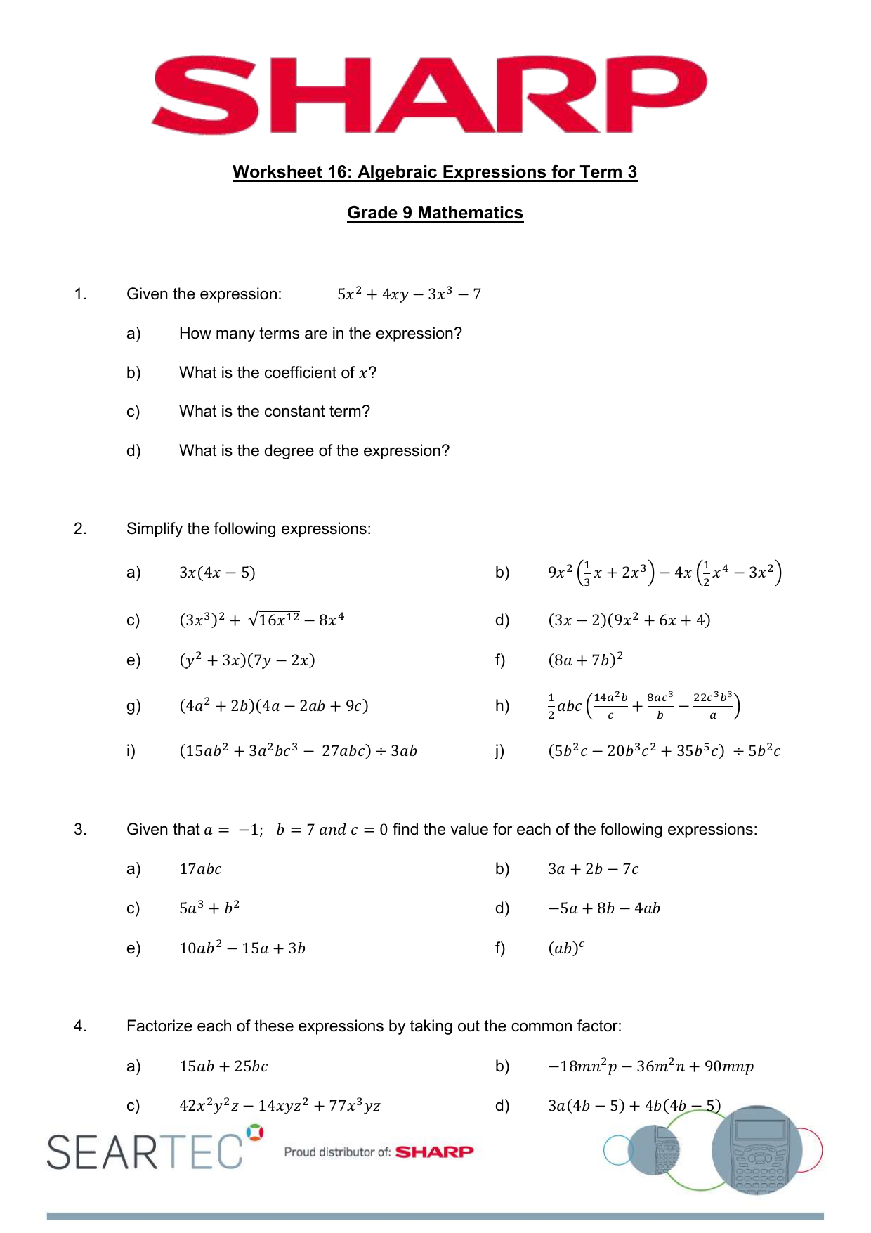 Grade 9 Math Worksheet Algebraic Expressions Grade 9 Math Worksheet Algebraic Expressions