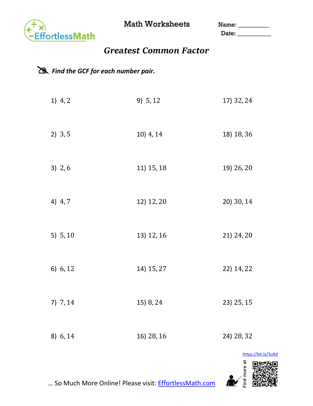 Greatest Common Factor Math Worksheet