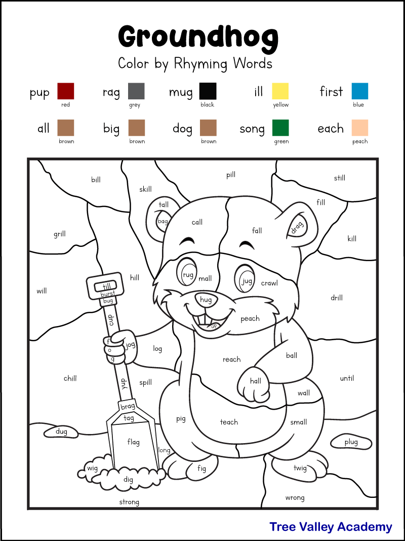 Groundhog Day Coloring Rhyming Worksheets For 1st Grade