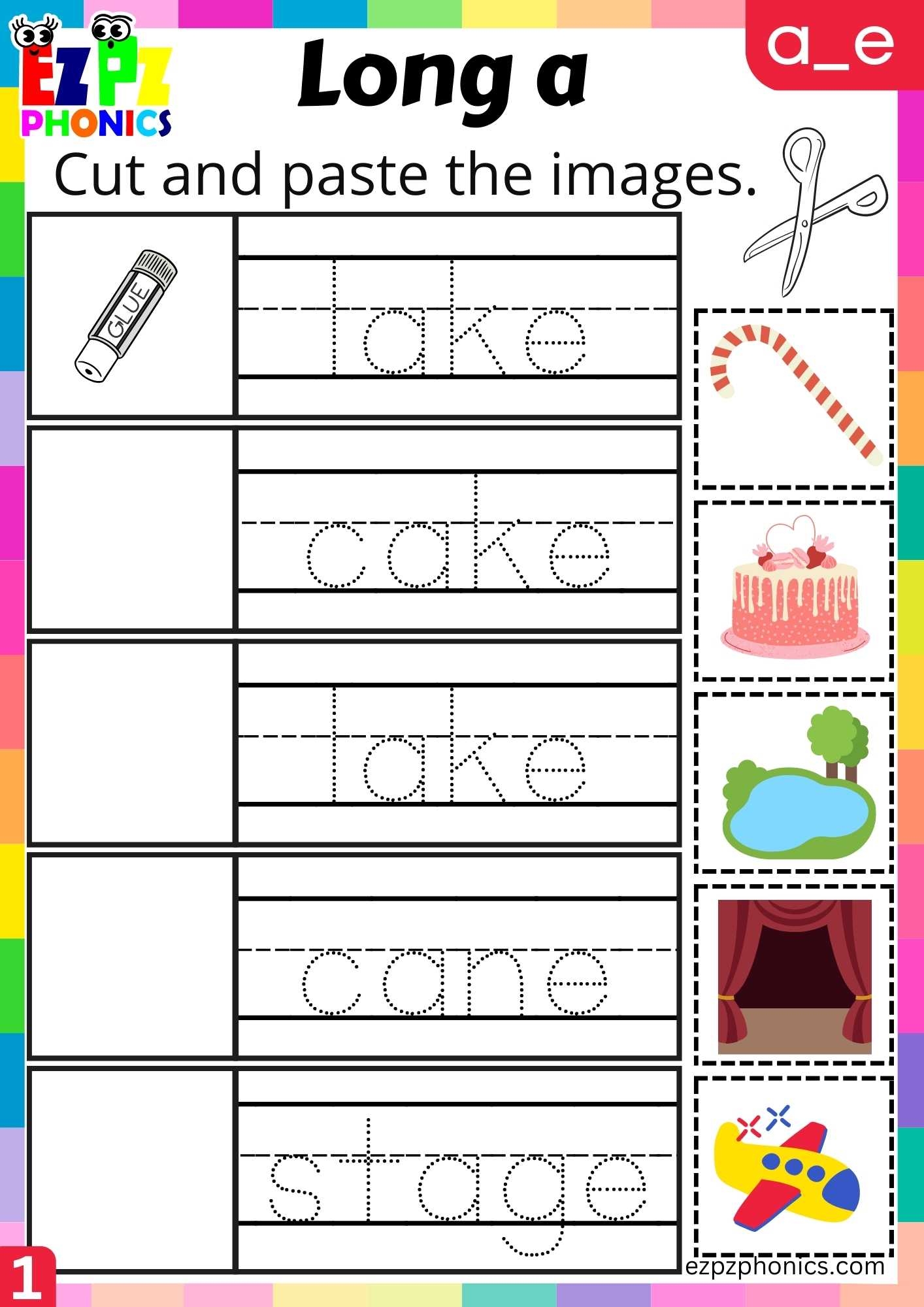 Group1 A E Words Cut And Paste The Images Long A Phonics Worksheet Ezpzphonics