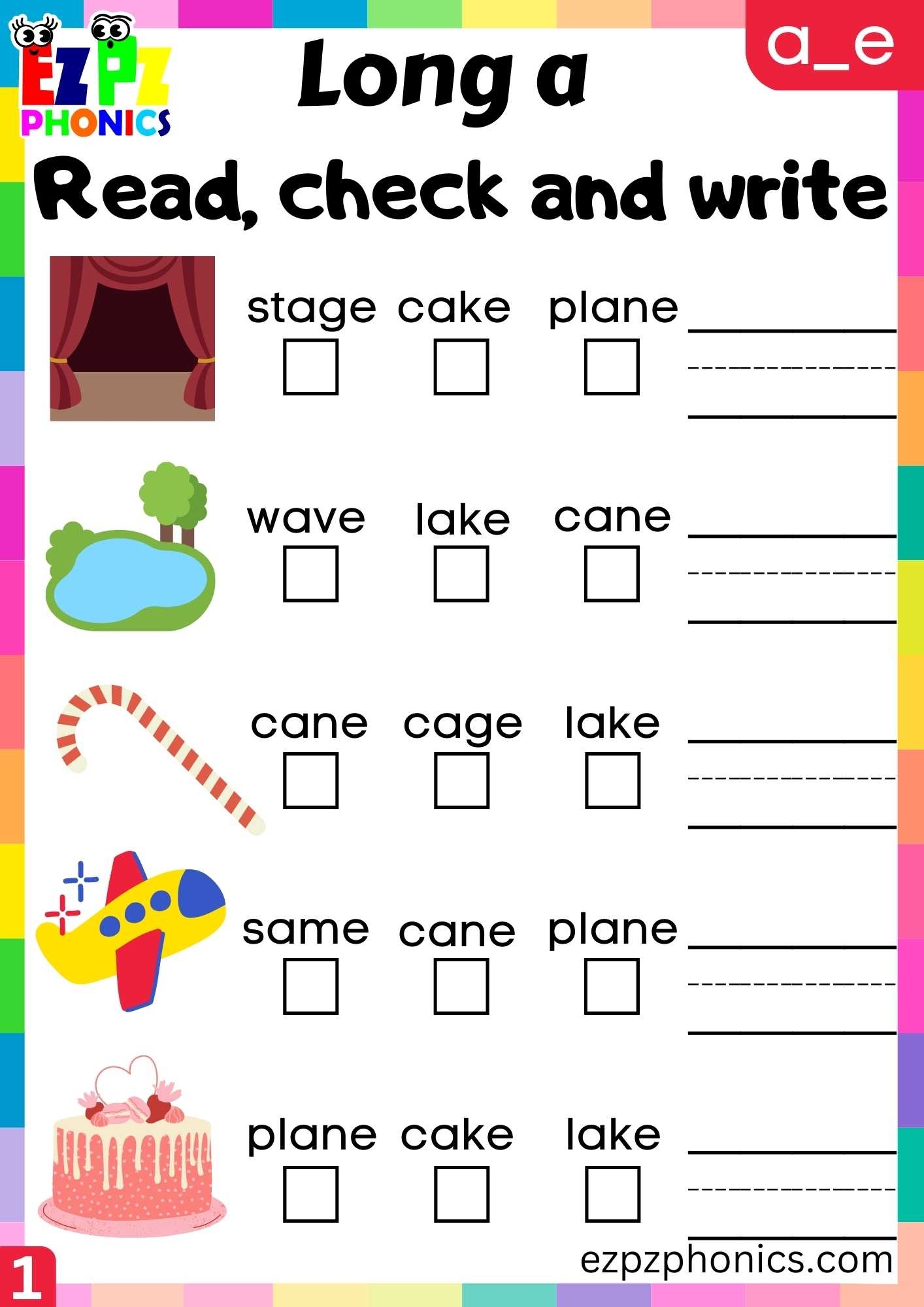 Group1 A E Words Read Check And Write Long A Phonics Worksheet Ezpzphonics