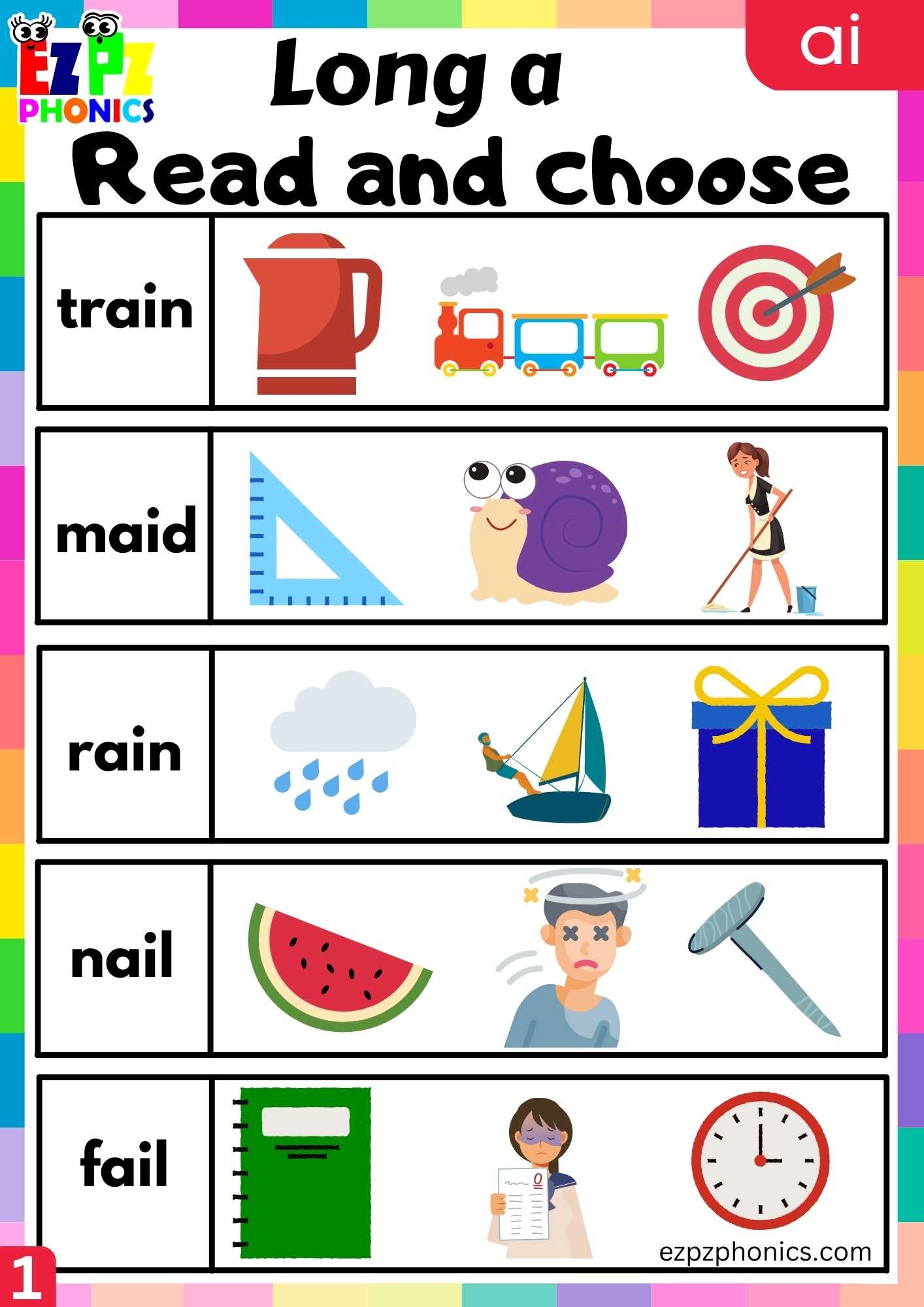 Group1 AI Words Read And Choose Long A Phonics Worksheet Ezpzphonics