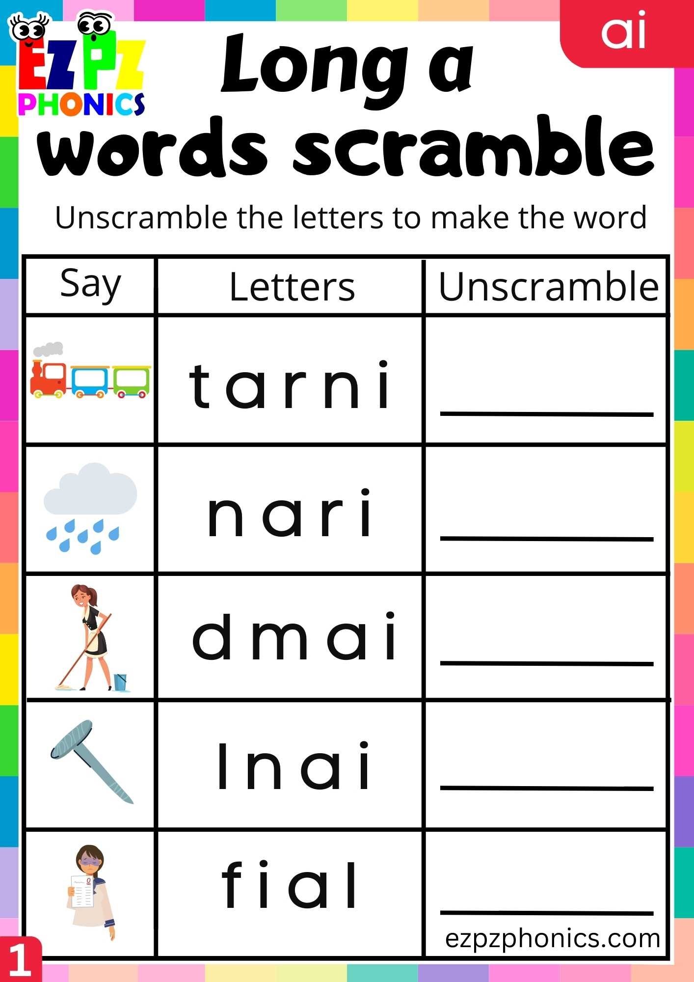 Group1 AI Words Words Scramble Long A Phonics Worksheet Ezpzphonics