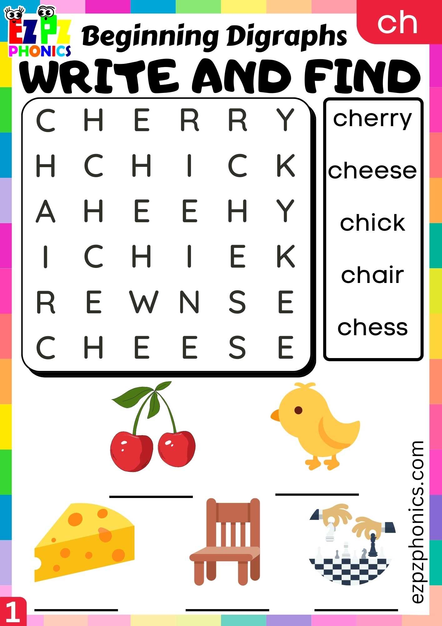 Group1 CH Words Write And Find Consonant Digraphs Phonics Beginning Worksheet Ezpzphonics