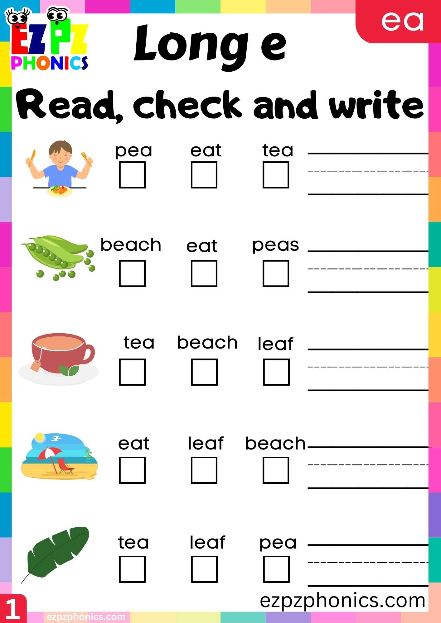 Group1 EA Words Read Check And Write Long E Phonics Worksheet Ezpzphonics