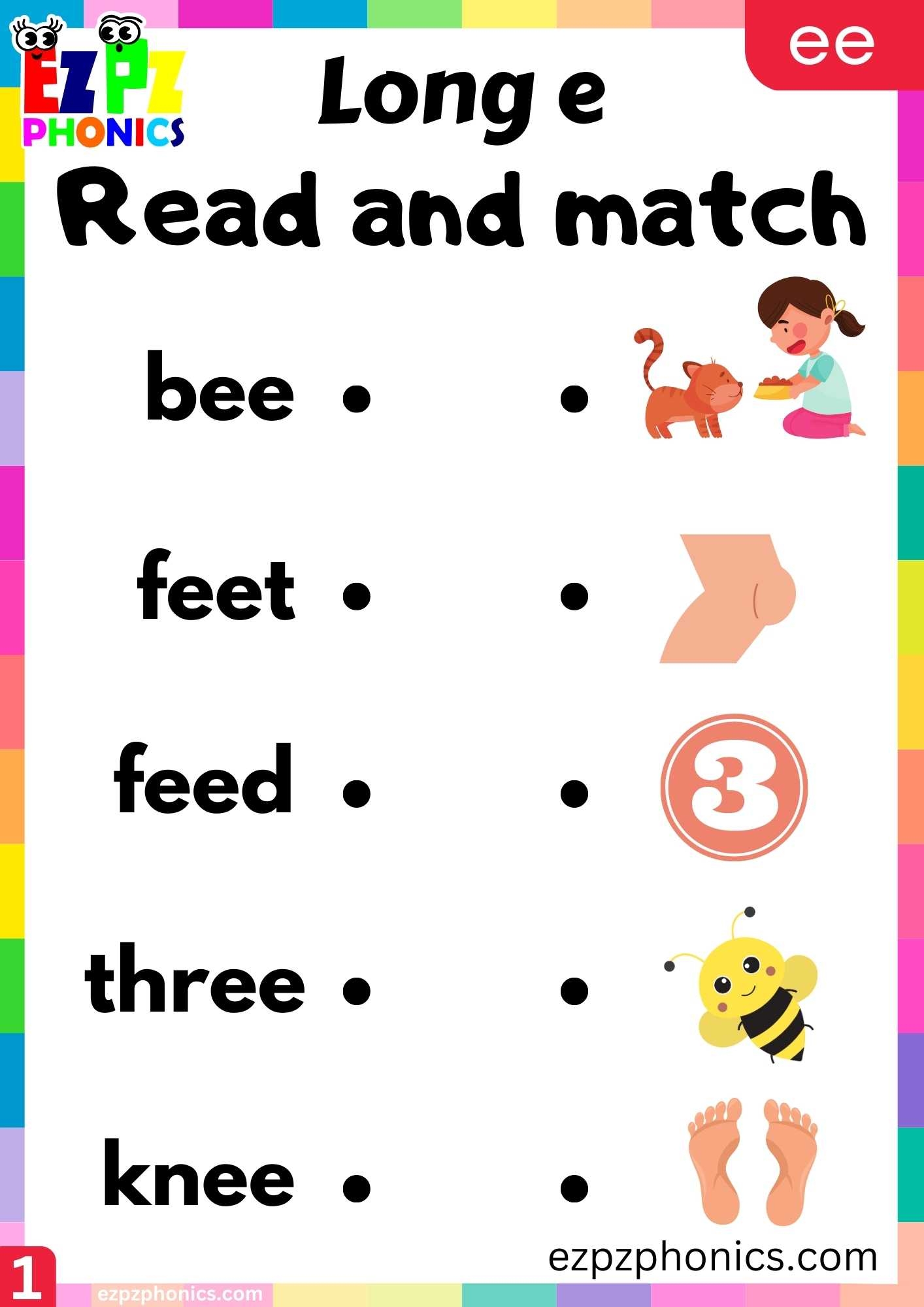 Group1 EE Words Read And Match Long E Phonics Worksheet Ezpzphonics