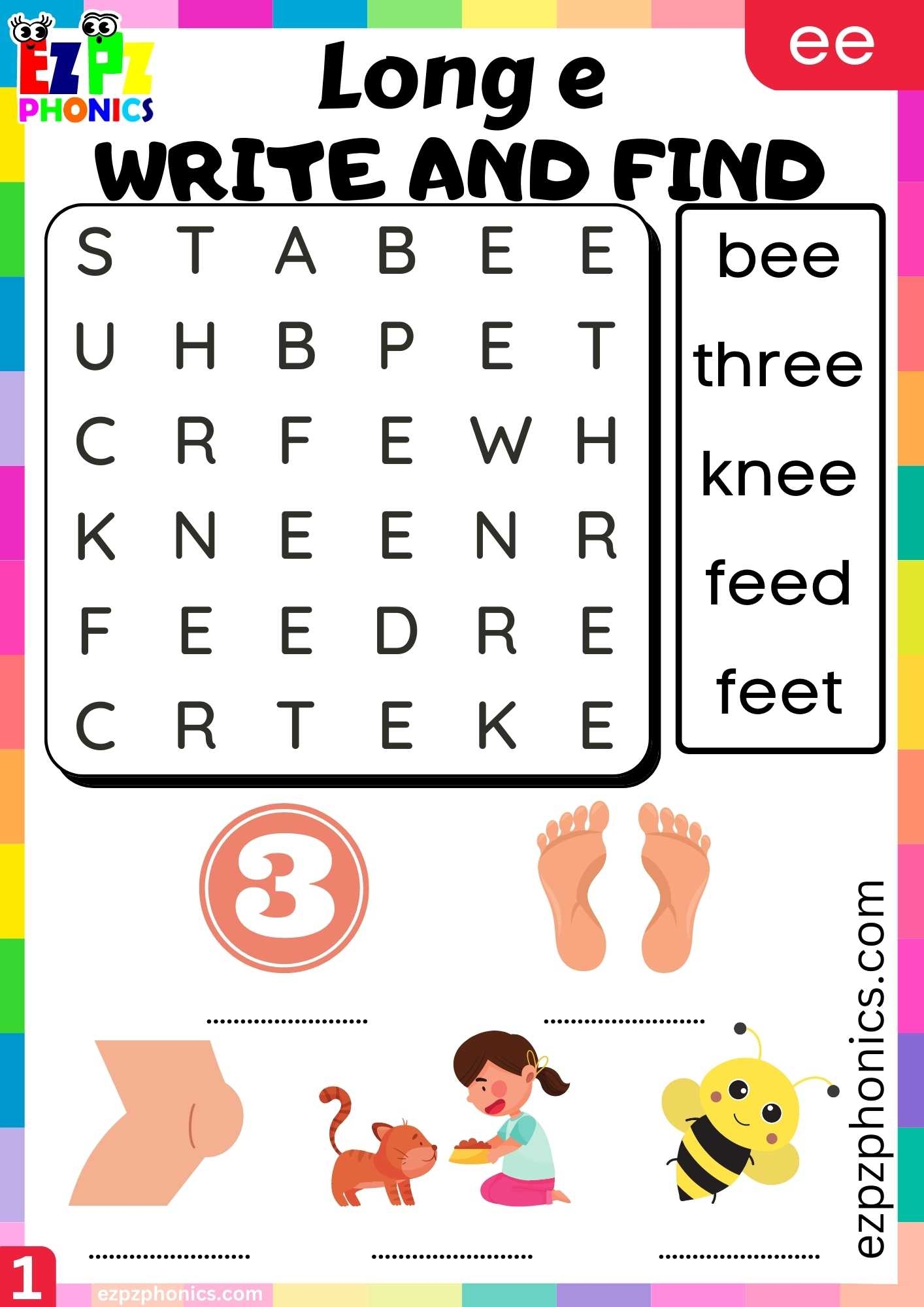 Group1 EE Words Write And Find Long E Phonics Worksheet Ezpzphonics