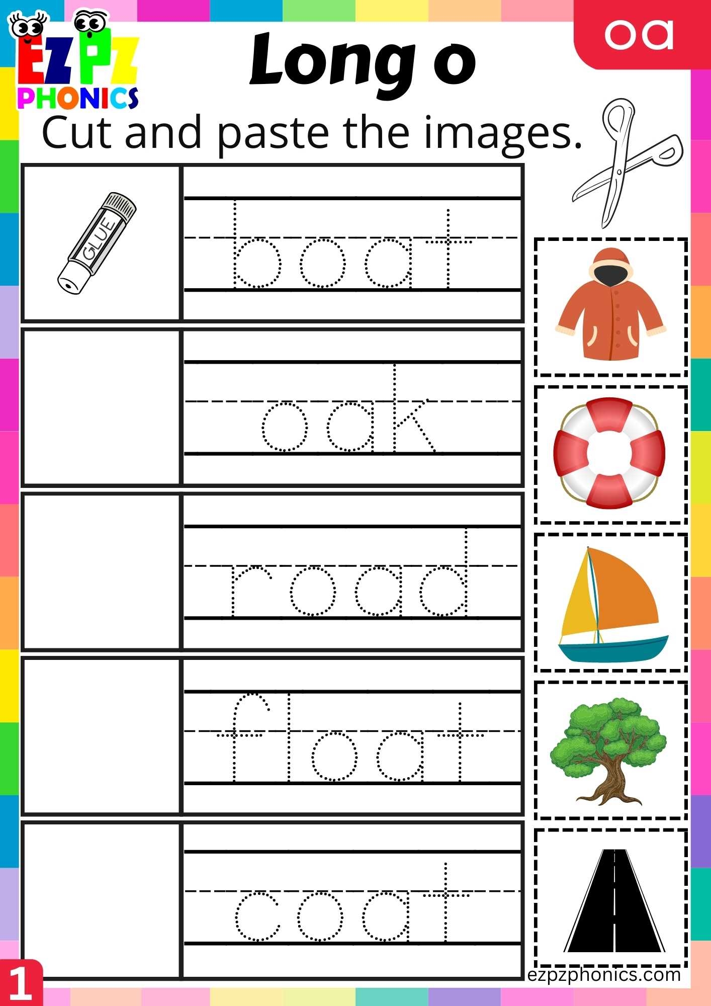 Group1 OA Words Cut And Paste The Images Long O Phonics Worksheet Ezpzphonics