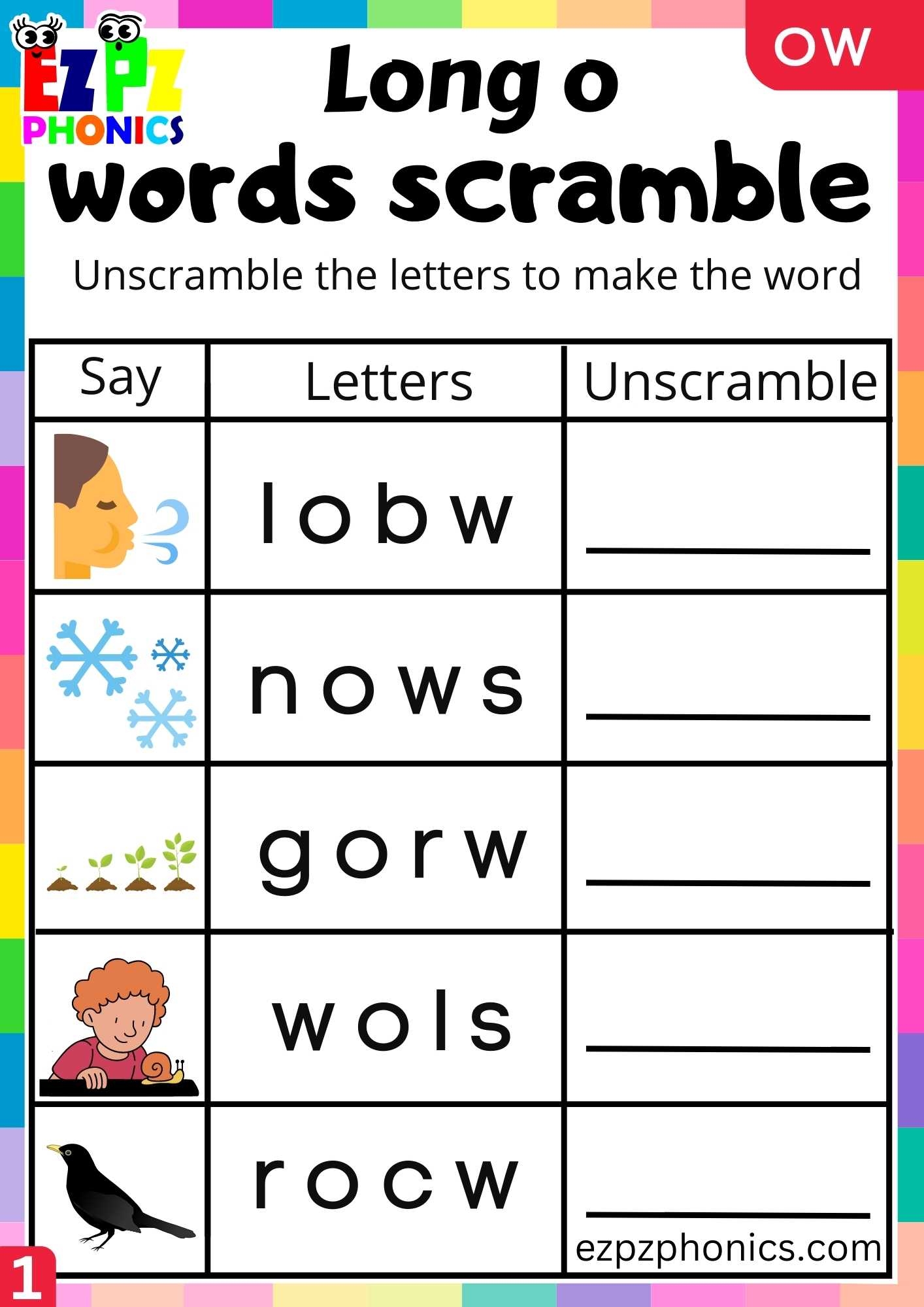 Group1 OW Words Words Scramble Long O Phonics Worksheet Ezpzphonics
