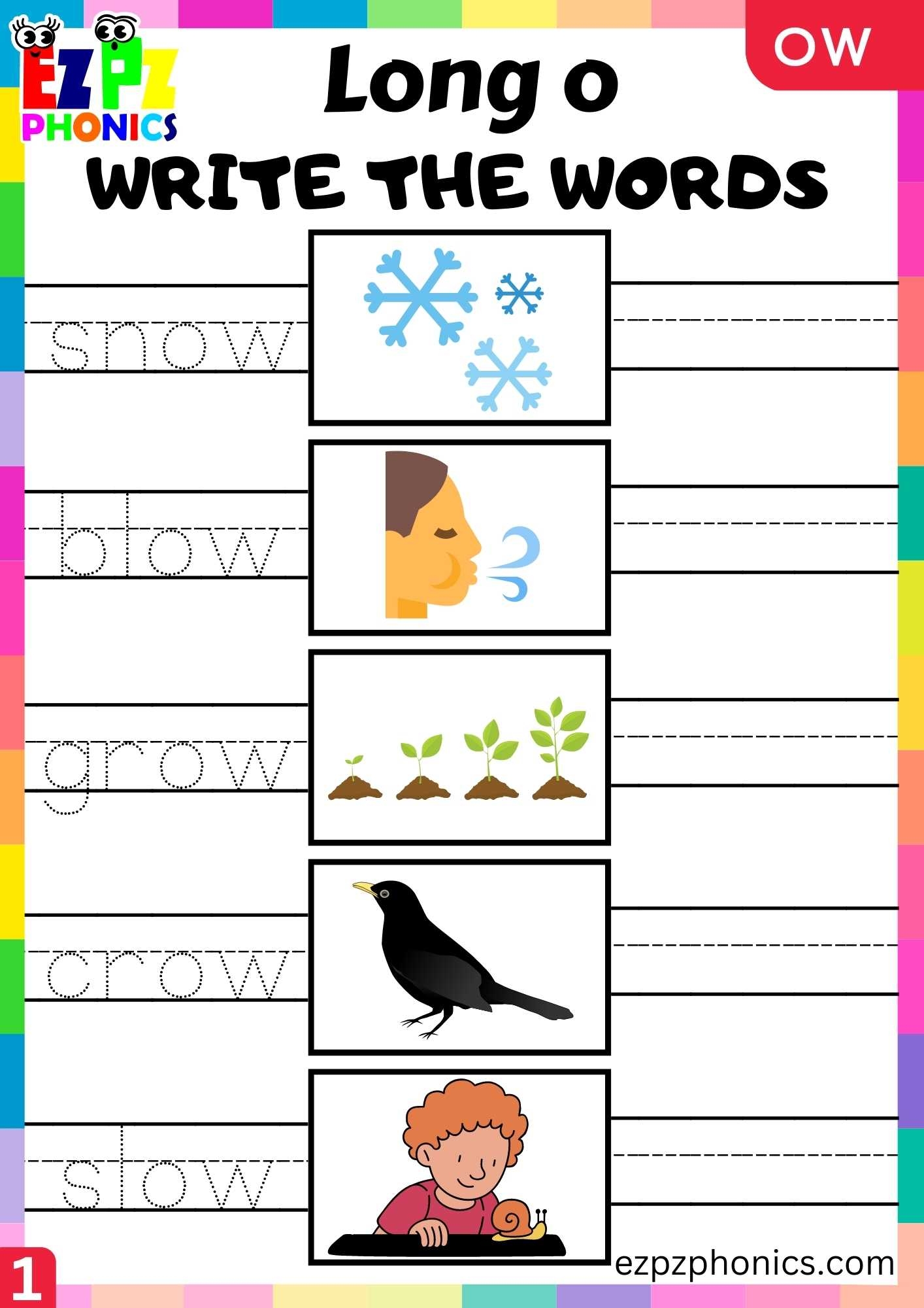 Group1 OW Words Write The Words Long O Phonics Worksheet Ezpzphonics