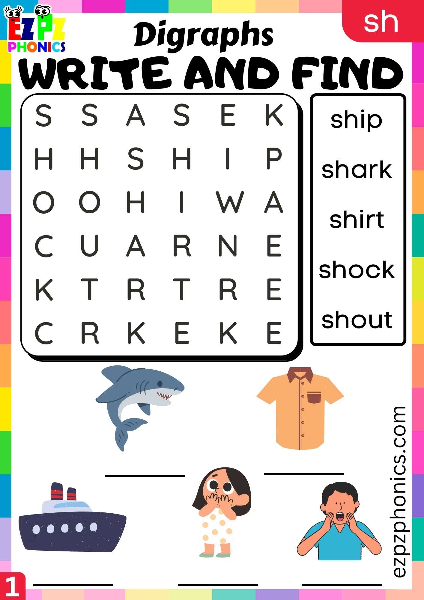 Group1 SH Words Write And Find Consonant Digraphs Phonics Beginning Worksheet Ezpzphonics