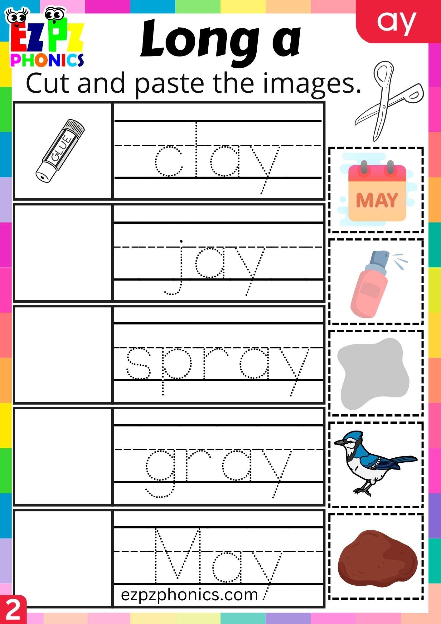 Group2 AY Words Cut And Paste The Images Long A Phonics Worksheet Ezpzphonics