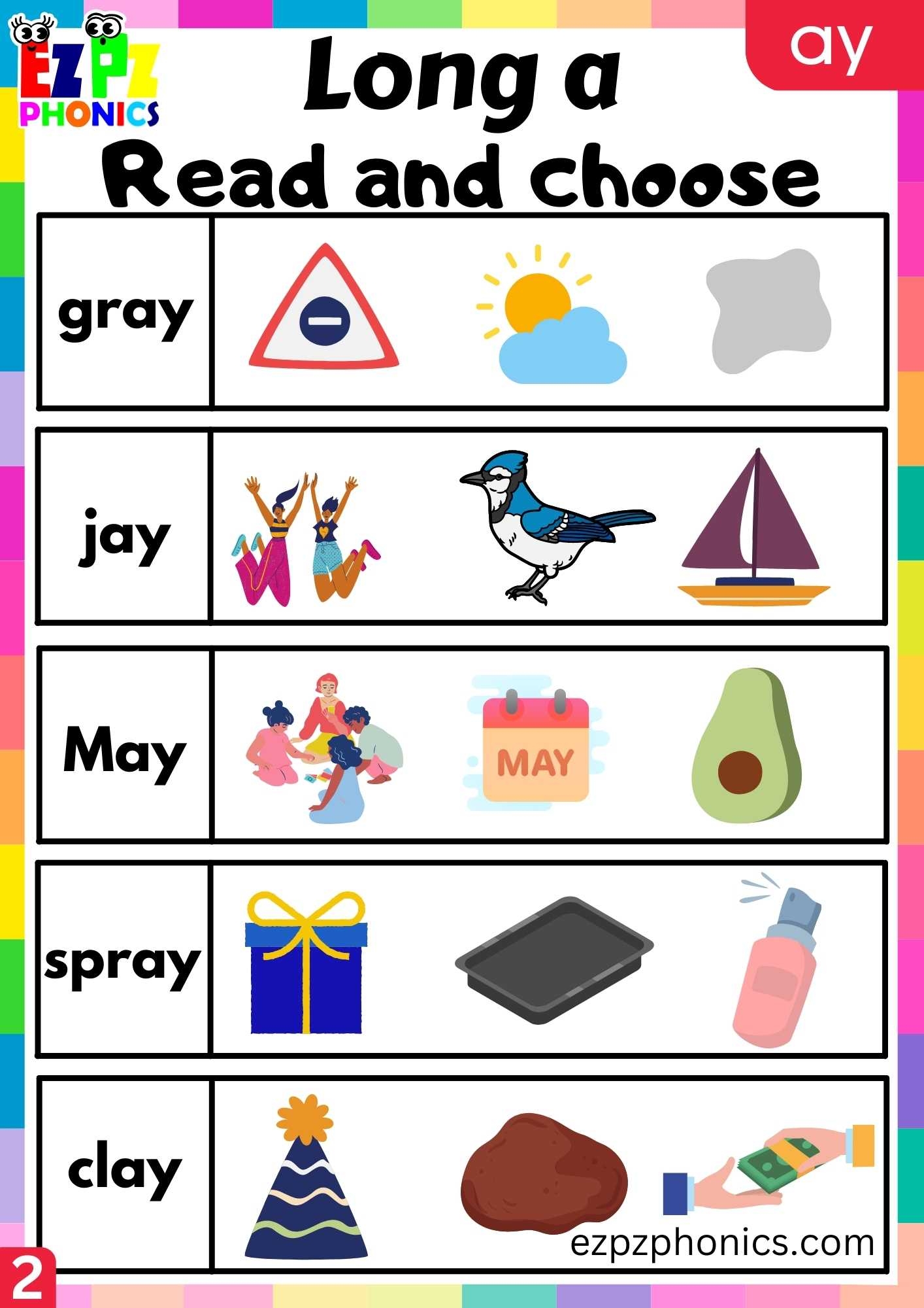 Group2 AY Words Read And Choose Long A Phonics Worksheet Ezpzphonics