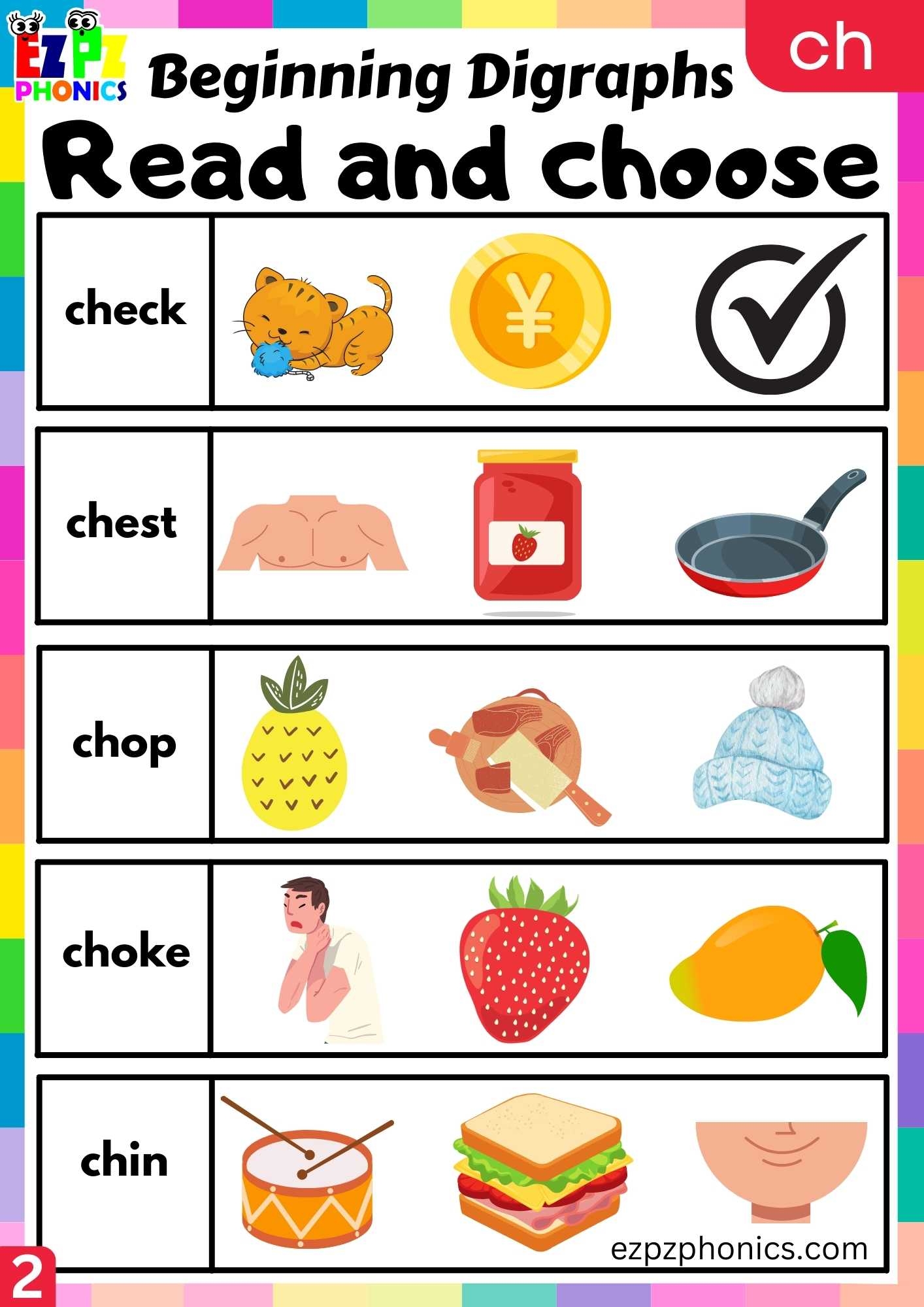 Group2 CH Words Read And Choose Consonant Digraphs Phonics Beginning Worksheet Ezpzphonics