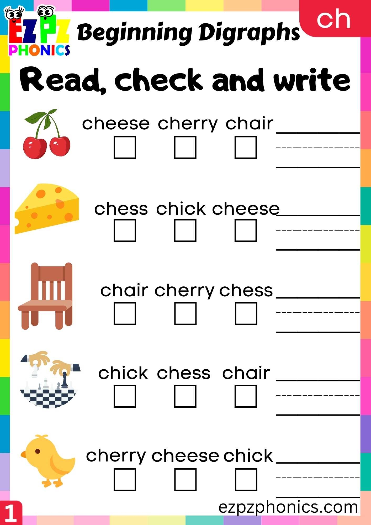 Group2 CH Words Read Check And Write Consonant Digraphs Phonics Beginning Worksheet Ezpzphonics