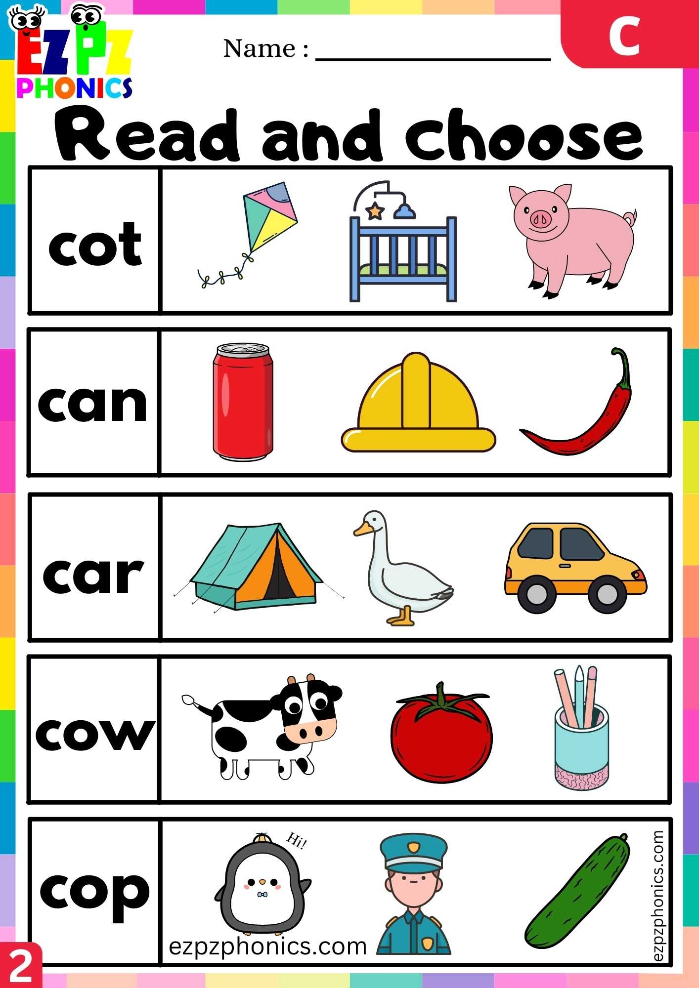 Group2 Letter C Read And Choose Beginning Sounds Worksheet Ezpzphonics