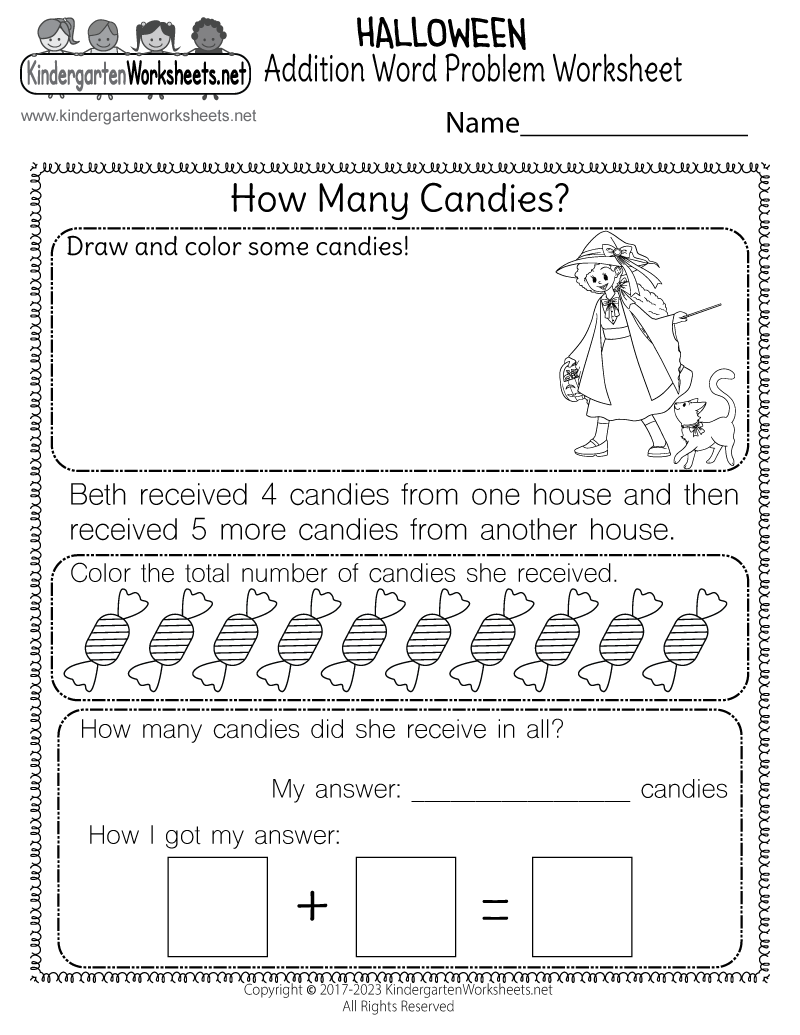 Halloween Addition Word Problem Worksheet Free Printable Digital PDF