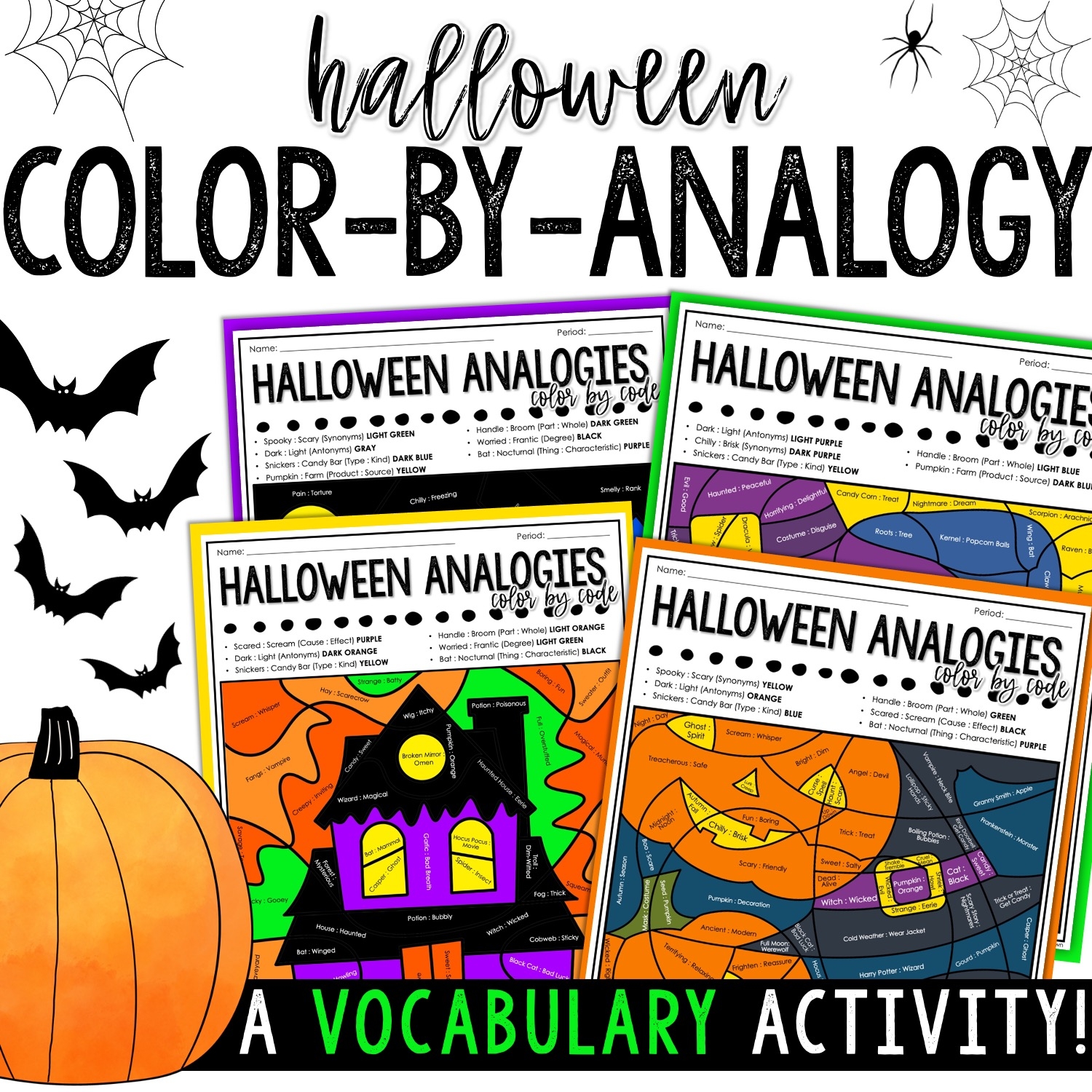 Halloween Color By Code Vocabulary Activities Word Analogies For Middle School
