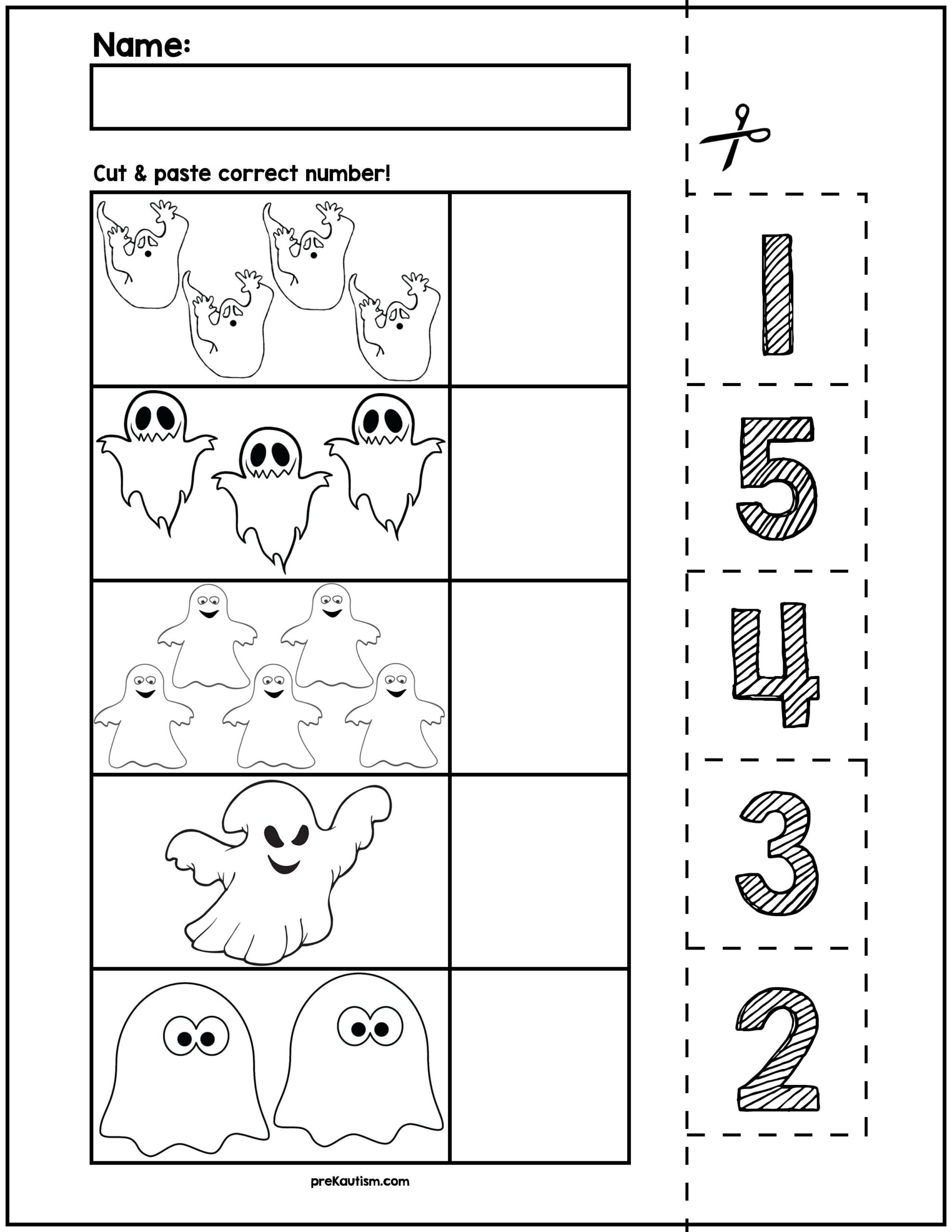 Halloween Ghosts Cut Match Worksheets Numbers 1 5 By PreKautism