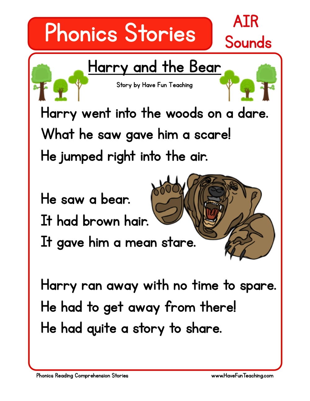 Harry And The Bear Phonics Reading Comprehension Story Worksheet AIR Sound Have Fun Teaching