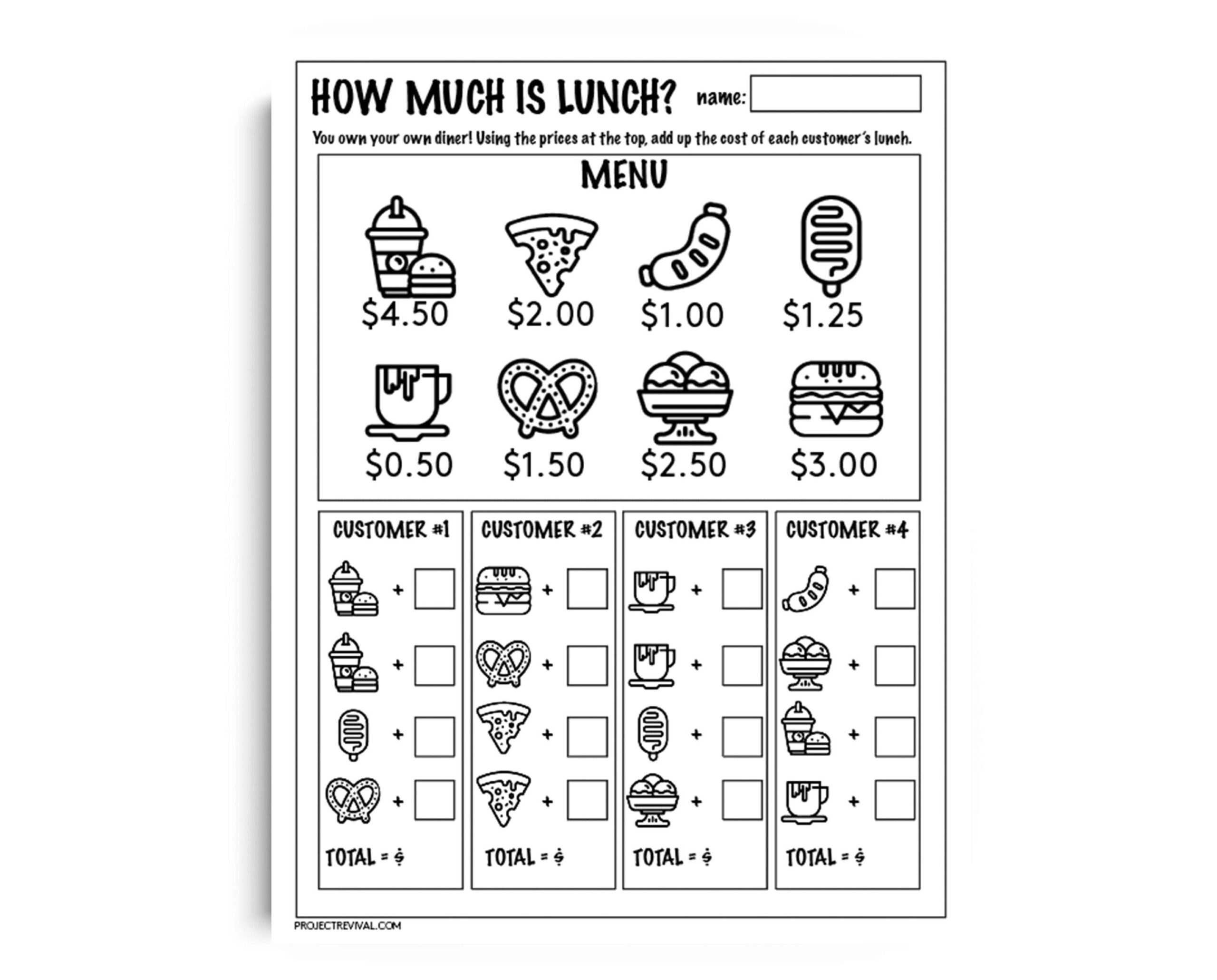 How Much Is Lunch Math Worksheet Printable Addition Activity For 1st 3rd Grade Menu Money Practice PDF Etsy