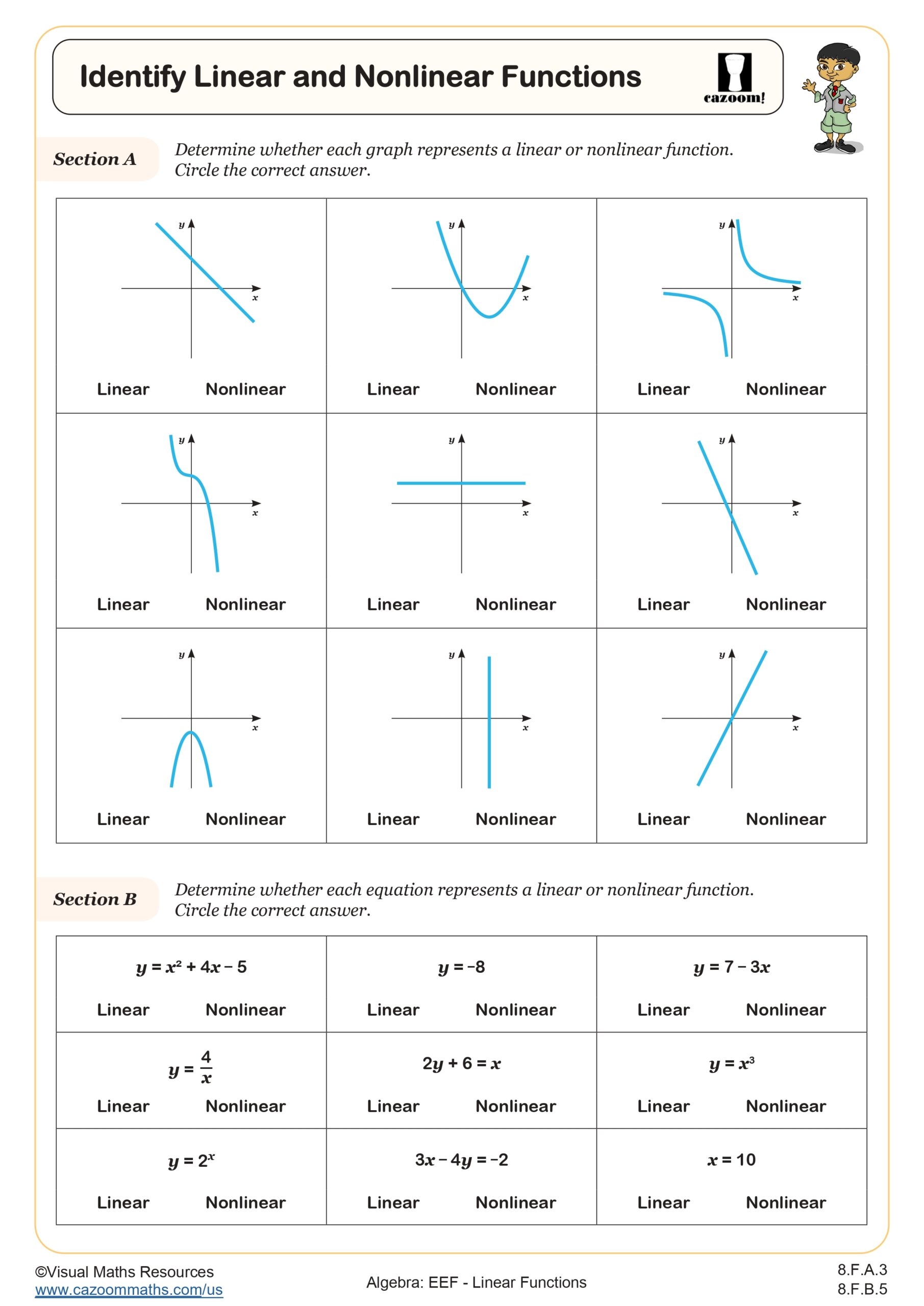 Identify Linear And Non Linear Functions Worksheet Fun And Engaging 8th Grade Math I Algebra Worksheet Cazoom Math Identify Linear And Non Linear Functions Worksheet Fun And Engaging 8th Grade Math I Algebra Worksheet Cazoom Math
