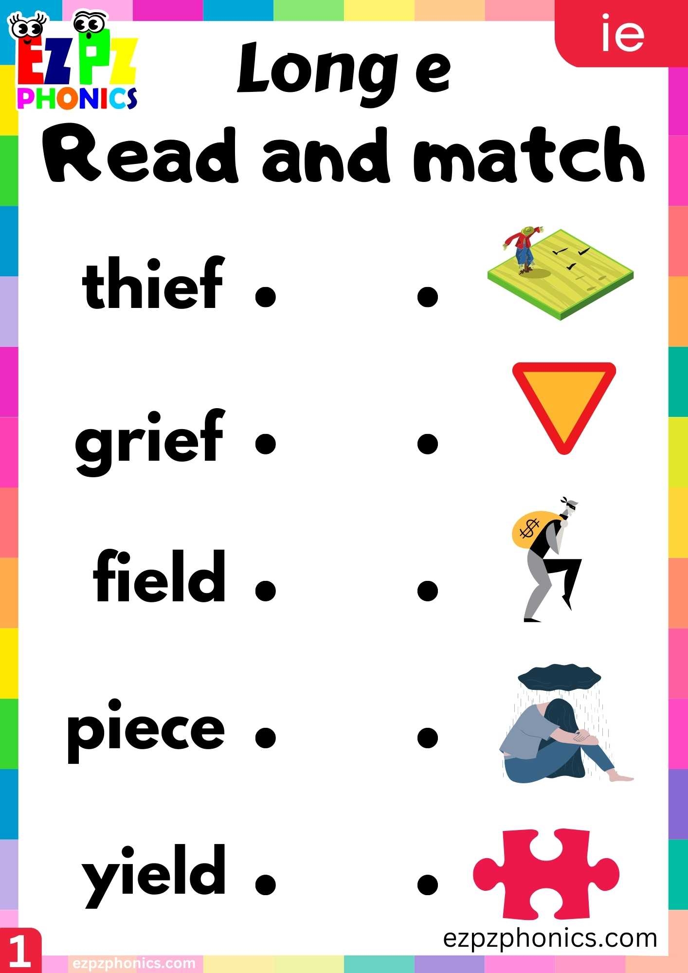 IE Words Read And Match Long E Phonics Worksheet Ezpzphonics