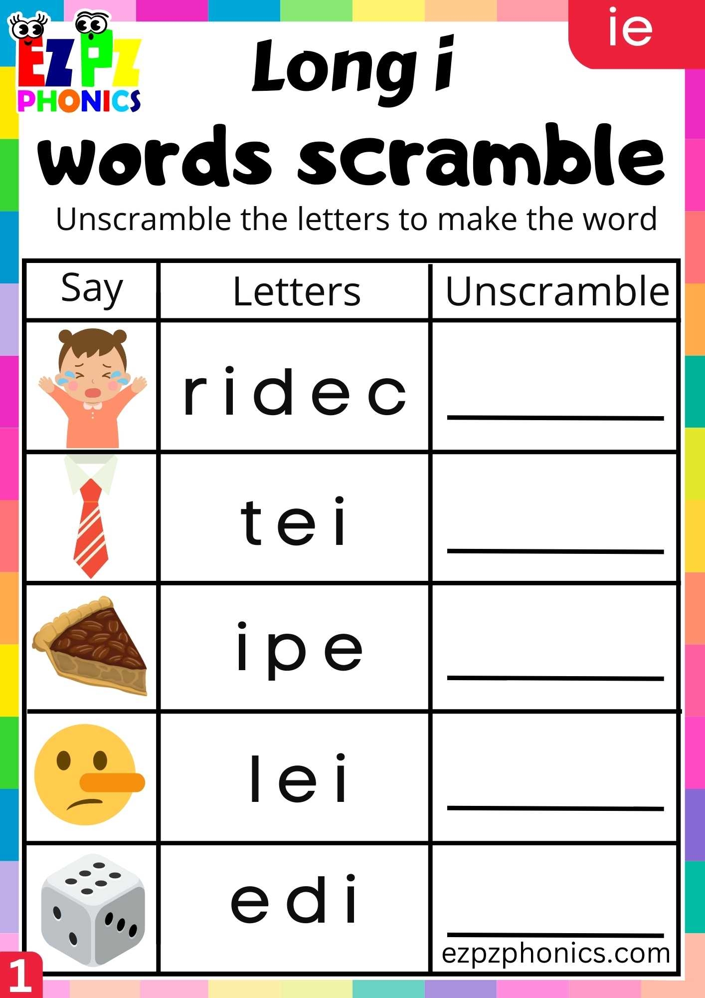 IE Words Words Scramble Long I Phonics Worksheet Ezpzphonics