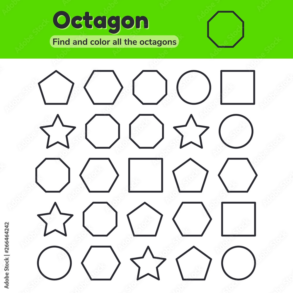 Image Vectorielle Stock Vector Illustration Educational Worksheet For Kids Kindergarten Preschool And School Age Geometric Shapes Pentagon Octagon Hexagon Circle Square Star Find And Color Adobe Stock