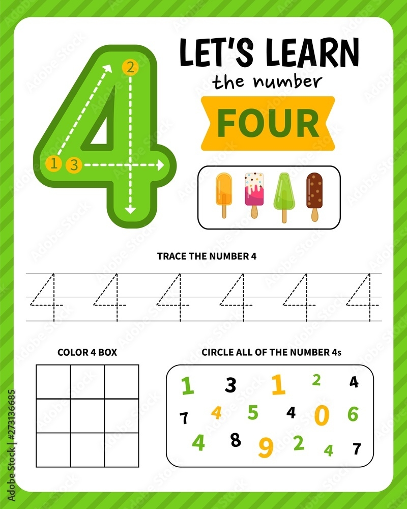 Kids Learning Material Worksheet For Learning Numbers Number 4 Stock Vector Adobe Stock