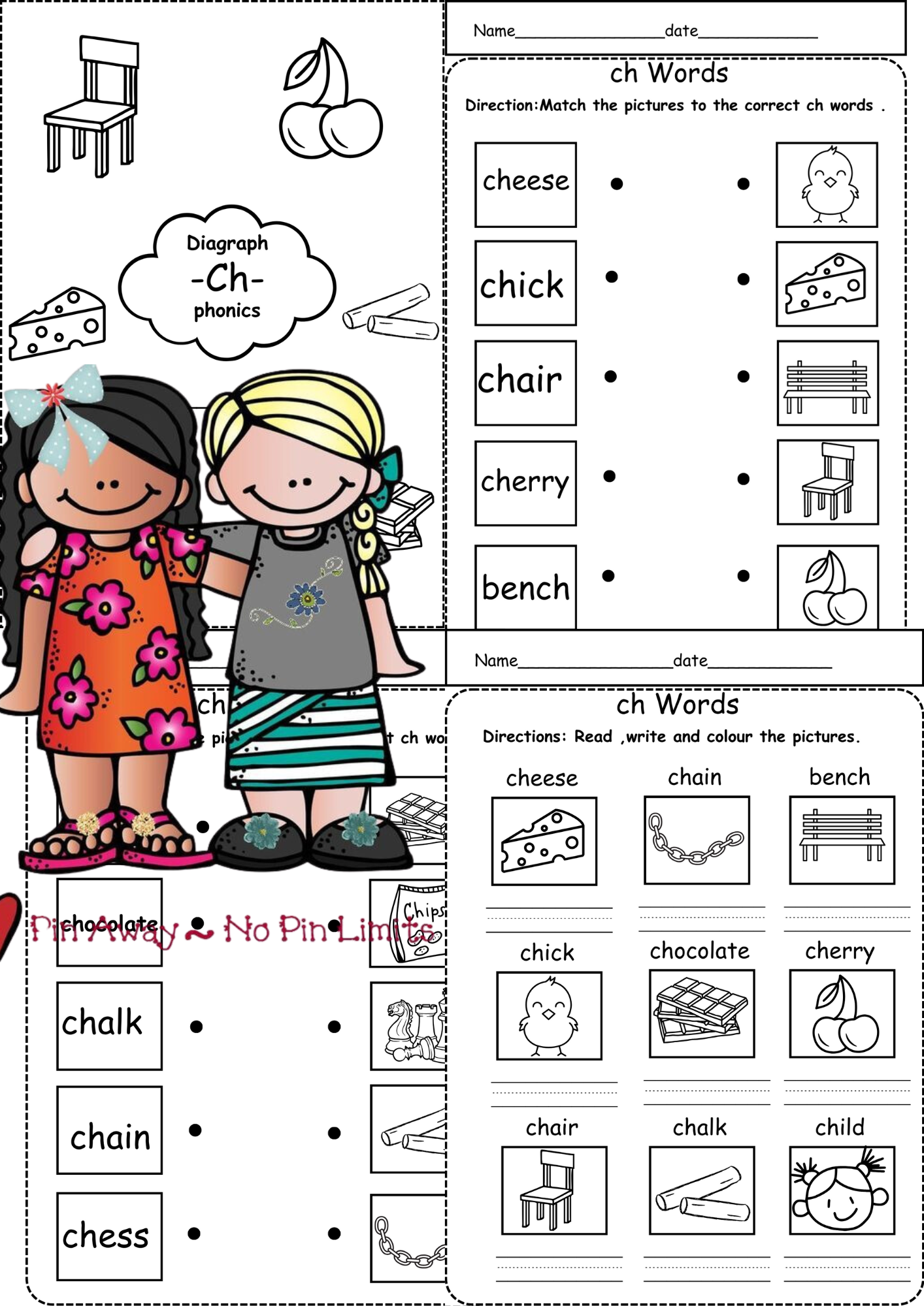 Kindergarten ch Words phonics No Prep Worksheets Summer Pack Diagraphs 15 Pages