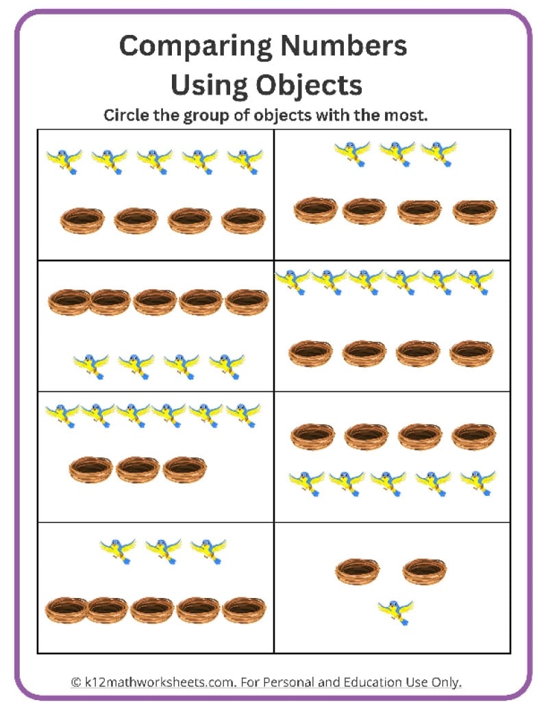 Kindergarten Comparing Numbers Worksheets