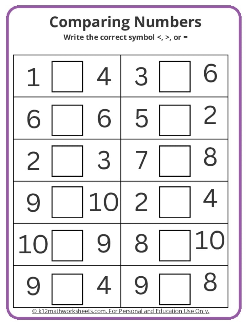 compare numbers worksheet kindergarten