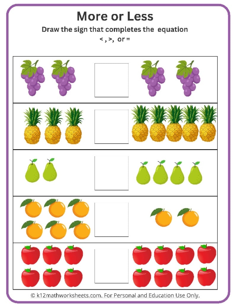 Kindergarten Comparing Numbers Worksheets